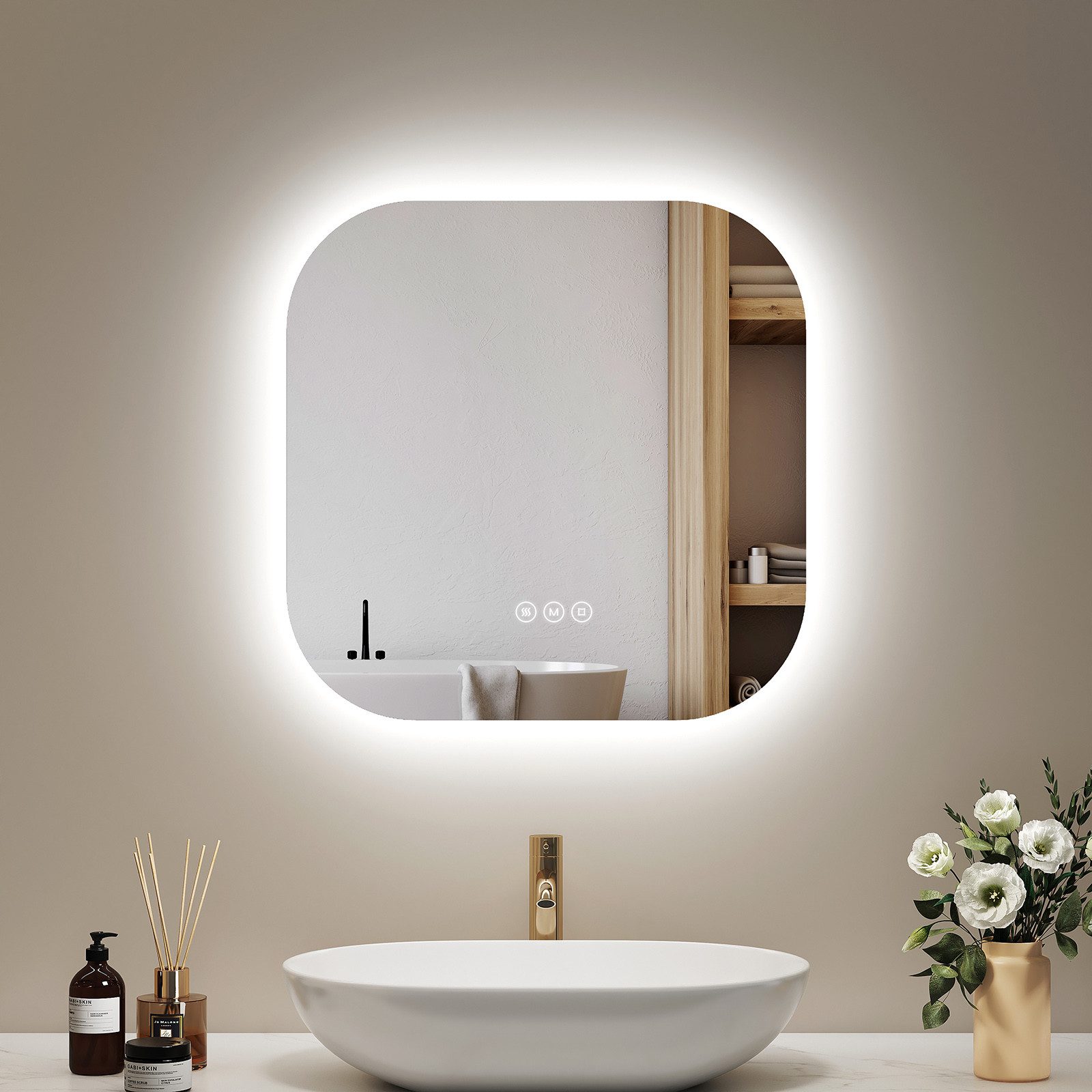 EMKE Badspiegel mit Beleuchtung Wandspiegel Asymmetrische Dekospiegel, 3 Farben des Lichts, Antibeschlag