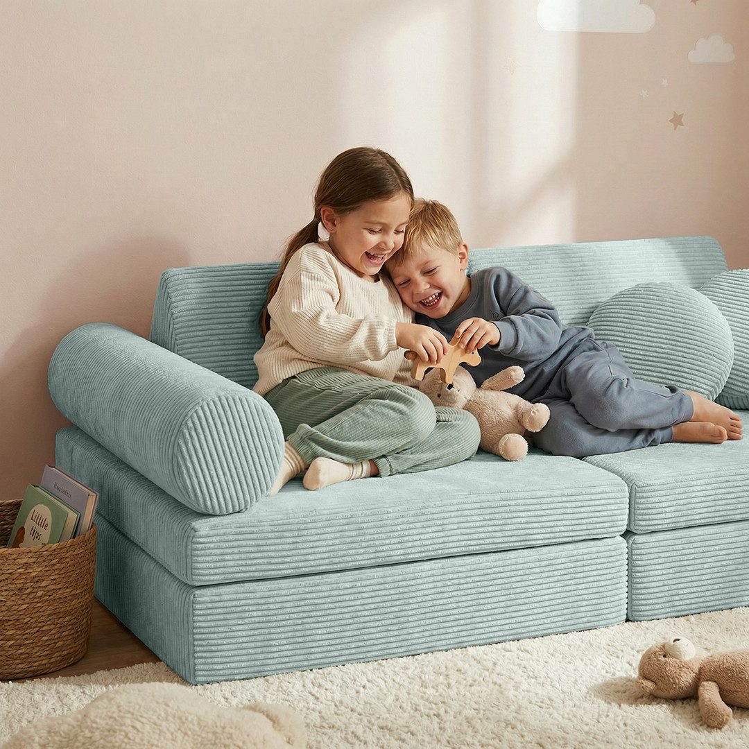 Bellabino Kindersofa Nile aus Schaumstoff Teilen, modulare Kinderspielcouch aus Cord, Türkis, mit Armlehnen, Cordbezug abnehmbar & waschbar, 160x52x75cm, Oeko-T – Bild 2 von 5
