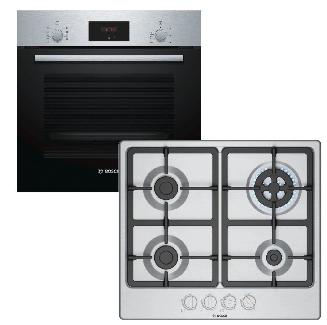 BOSCH Backofen-Set 7 Heizarten Teleskopauszug + Gaskochfeld Wok Brenner Zündsicherung, mit 1-fach Teilauszug