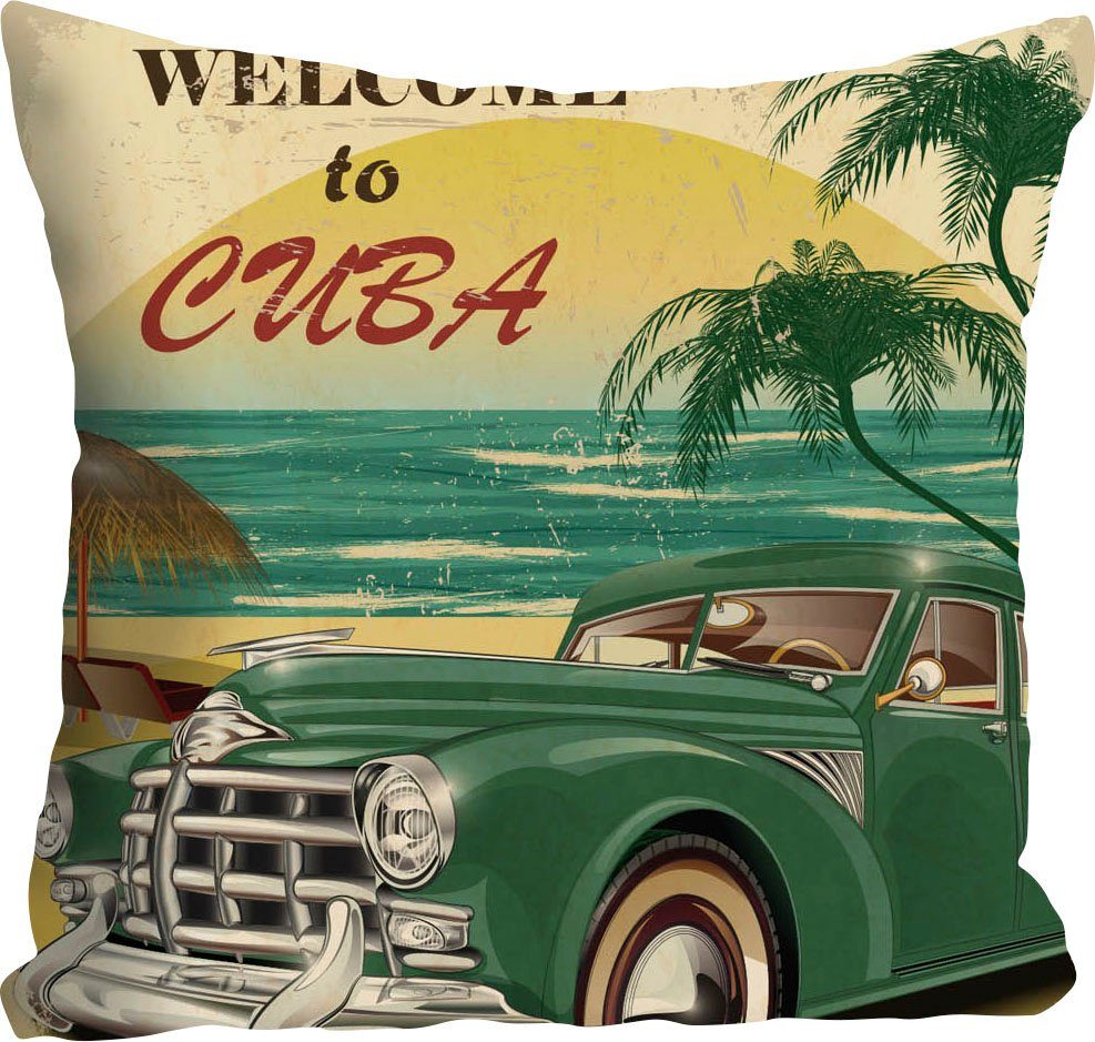 queence Dekokissen Welcome to Cuba, mit Schriftzug und Auto, Kissenhülle ohne Füllung, 1 Stück