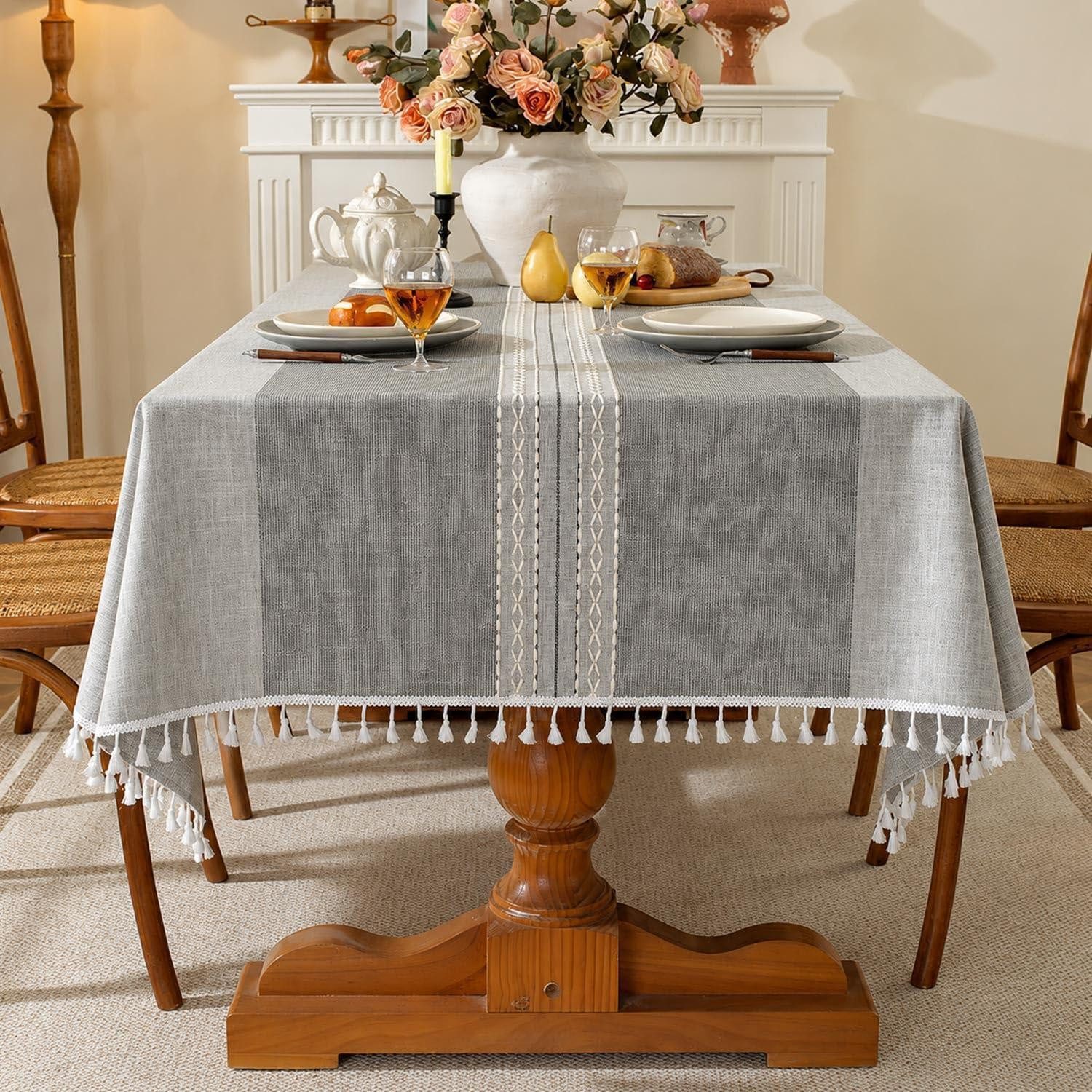 LuxusKollektion Tischdecke Tischdecke Leinen-Baumwolle Grau 140x300cm Gestreift Quasten (1-tlg)