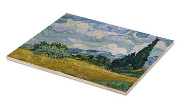 Posterlounge Holzbild Vincent van Gogh, Weizenfeld mit Zypressen, 1889, Wohnzimmer Mediterran Malerei