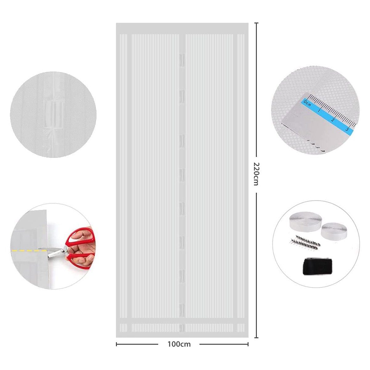 Sekey Insektenschutz-Tür Magnet Weiß ohne Balkontür, Kellertür, Fliegengitter Türvorhang für Bohren, Tür Zuschneidbar, durch Terrassentür 220x100cm