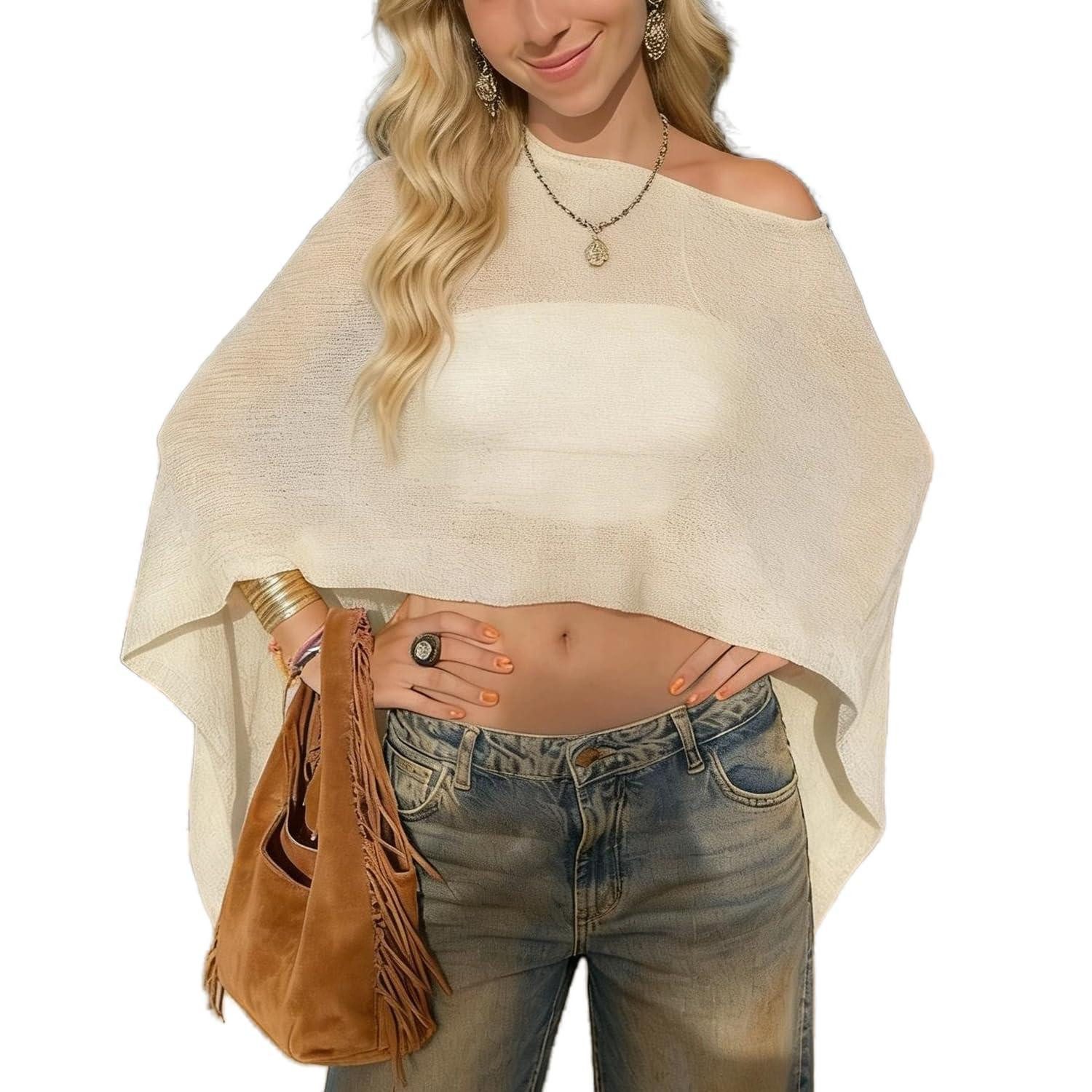LuxusKollektion Modetuch Damen Poncho Top Netzstoff Beige, (1-St)