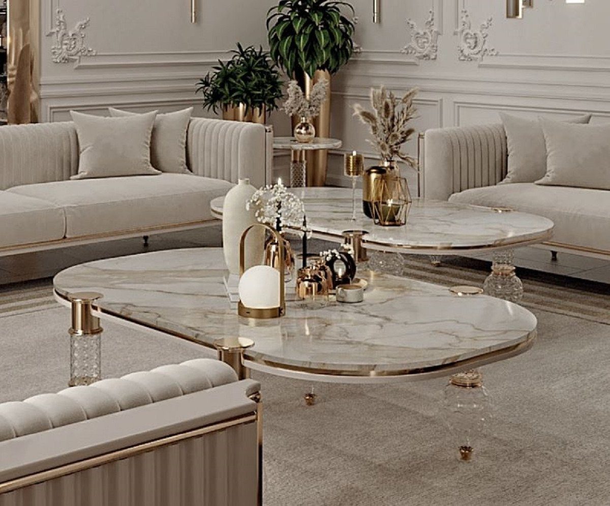 Couchtisch Casa Padrino Luxus Art Deco Couchtisch Weiß / Grau / Gold 160 x 91 x H. 49 cm - Wohnzimmertisch mit edler Kunstmarmor Tischplatte - Art Deco Wohnzimmer Möbel - Luxus Wohnzimmer Möbel