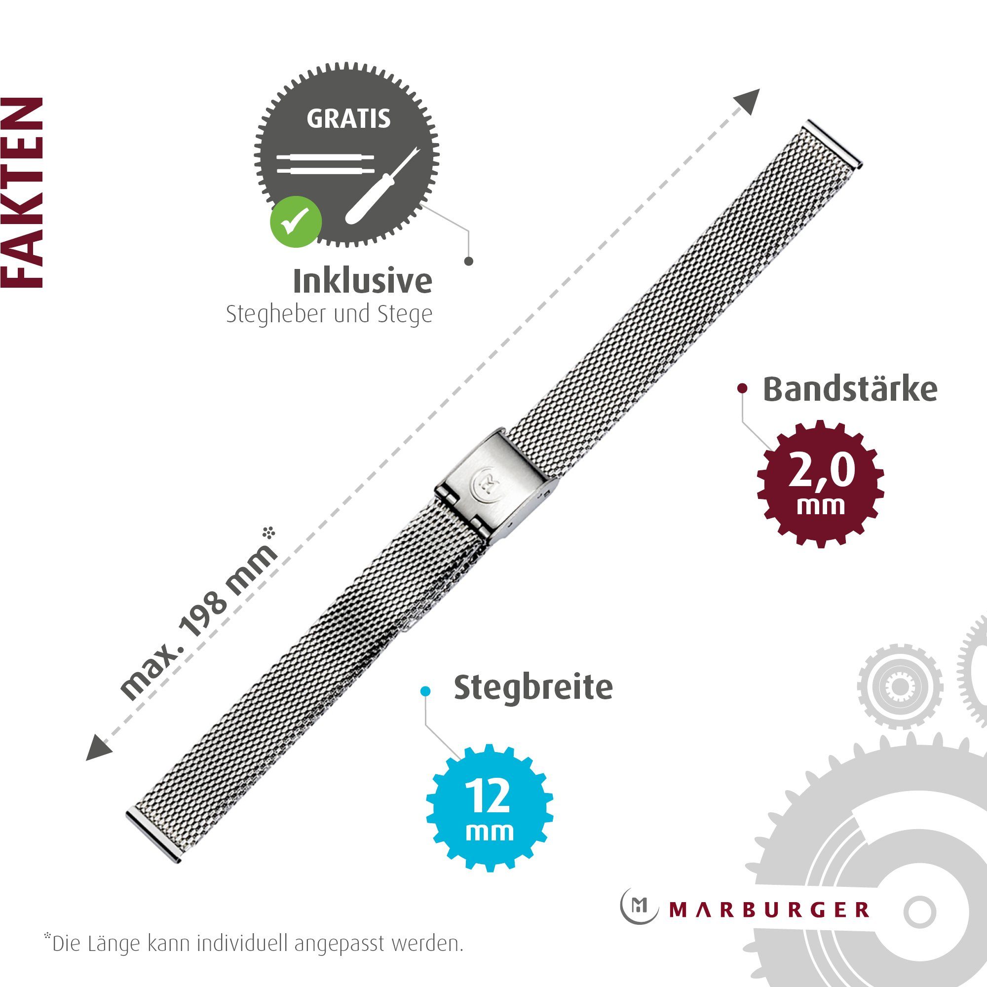 MARBURGER Uhrenarmband 12mm Edelstahl Silber Milanaise – Bild 3 von 5