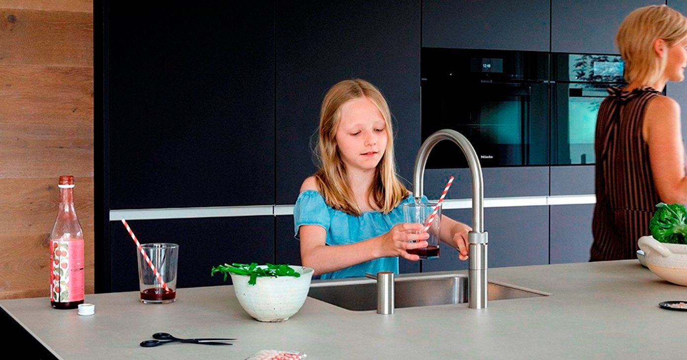 QUOOKER Küchenarmatur QUOOKER mit 2 (2-St) COMBI+ Edelstahl CUBE mit Trinkwassersystem Kochendwasserhahn 100°C (22+FRRVSCUBE) FUSION ROUND B
