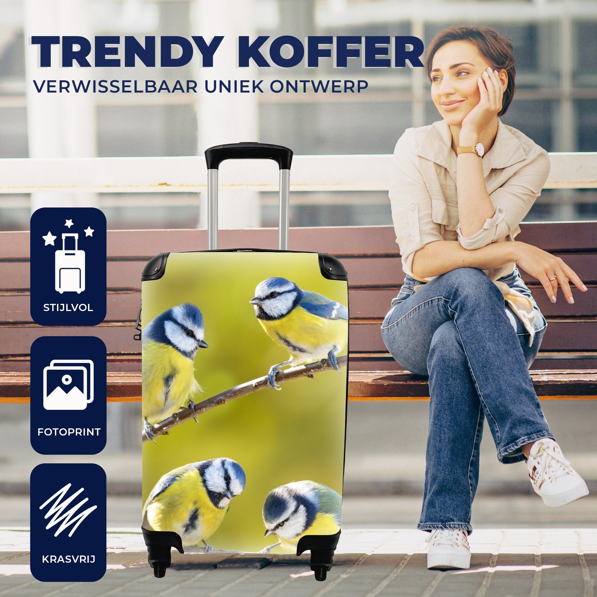 MuchoWow für Handgepäckkoffer Rollen, mit - Blaumeise Handgepäck Sonne, 4 Ferien, Reisekoffer - Reisetasche Trolley, Äste Vogel - rollen,