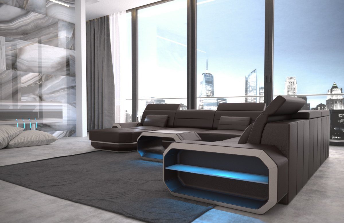 Sofa Dreams Wohnlandschaft Ledercouch Leder Sofa Roma XXL U Form Ledersofa, Couch, mit LED, wahlweise mit Bettfunktion als Schlafsofa, Designersofa