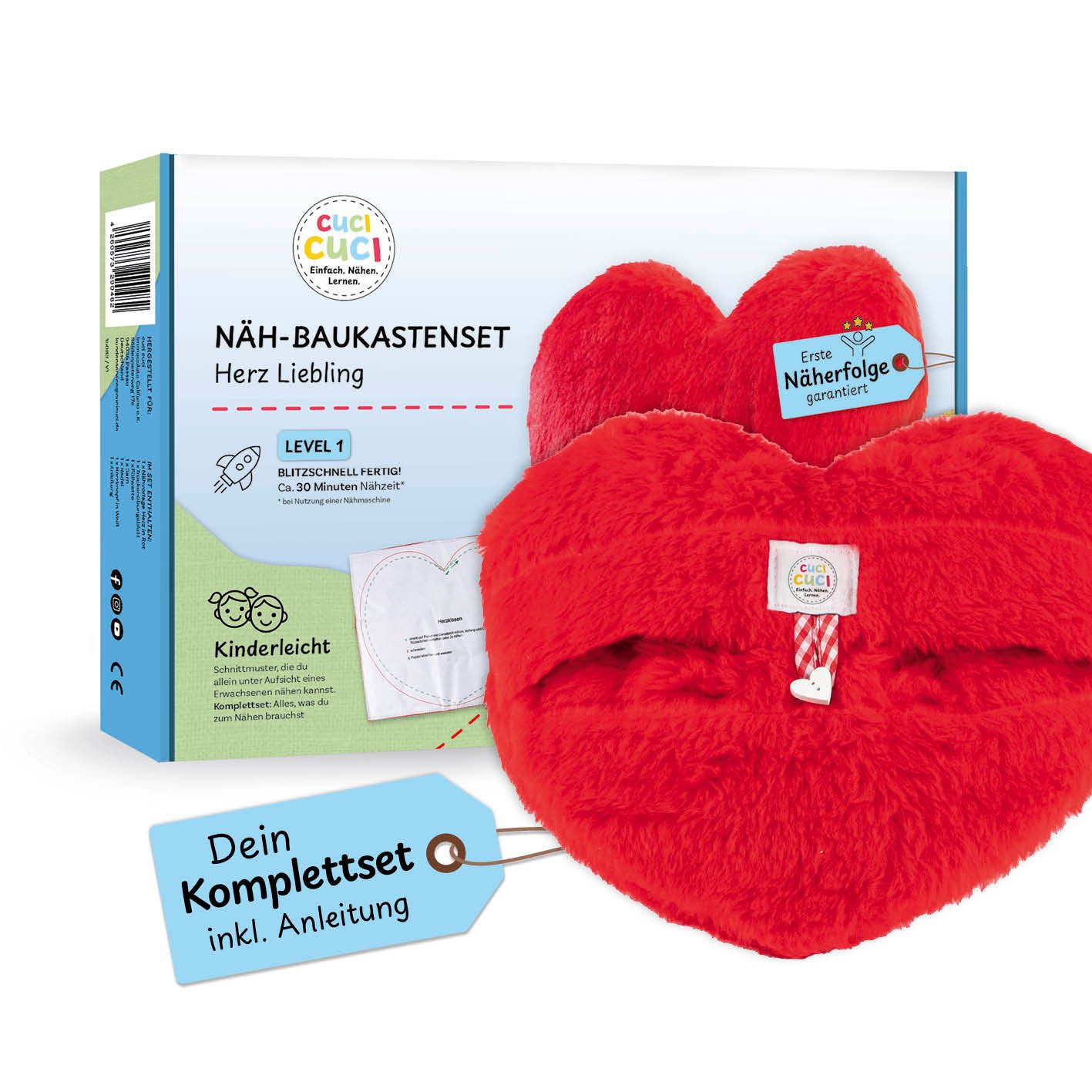 cuci cuci Kreativset Näh-Baukasten für Kinder - erste Näherfolge garantiert, (Herz Liebling), Komplettset mit allem, was du zum Nähen brauchst