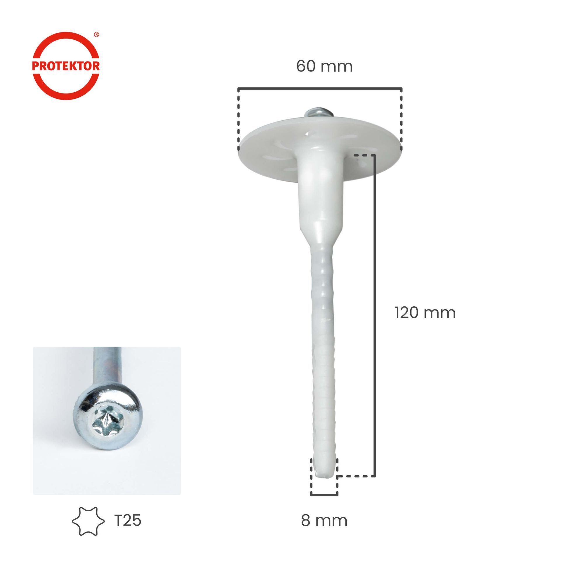 PROTEKTOR Schrauben- und Dübel-Set Dämmstoff-Schraubdübel Ø8mm mit verzinkter Stahlschraube, vormontiert, (100x Dämmstoff-Schraubdübel Ø8x120mm, 100 St., WDVS Dübel für Fassadendämmung)