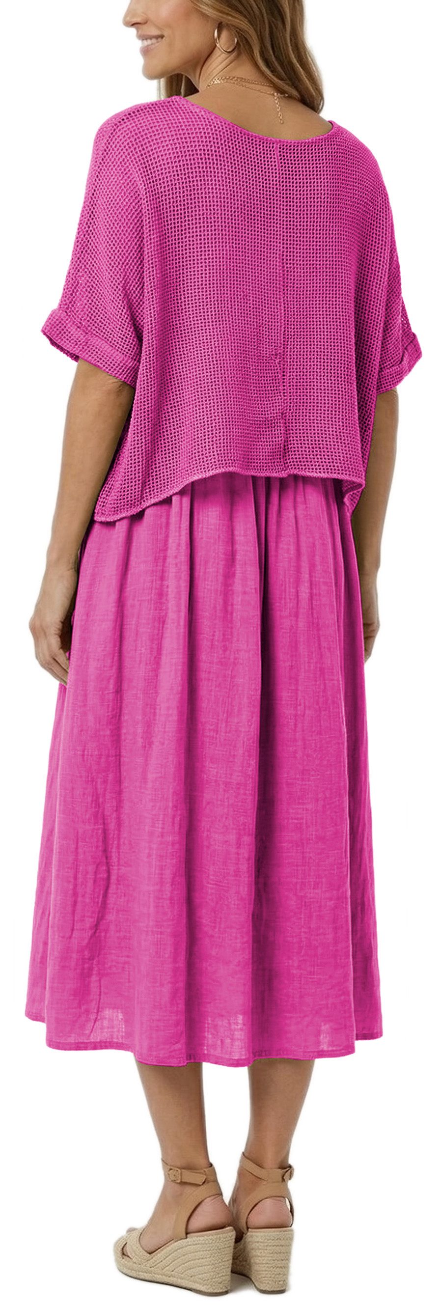 dy_mode Sommerkleid Damen Sommerkleid Midikleid in Zweiteiler-Optik Lagenlook Kleid in Unifarben, Zweiteiler-Optik