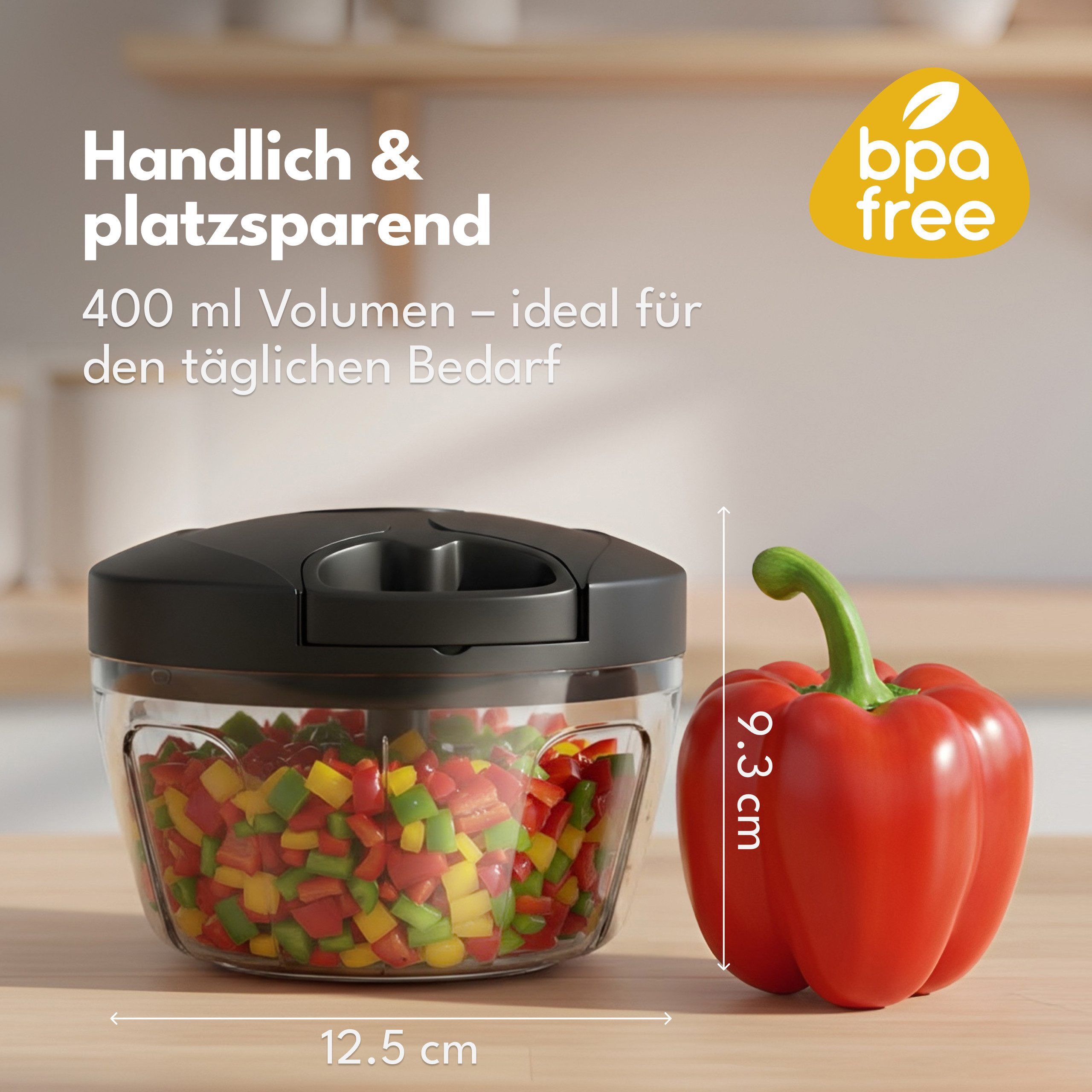 Lebenlang Zerkleinerer Manueller Zugseil-Gemüse- & Zwiebelzerkleinerer, 400 ml, Edelstahlklingen I Spülmaschinengeeignet I BPA-frei IRutschfeste Basis