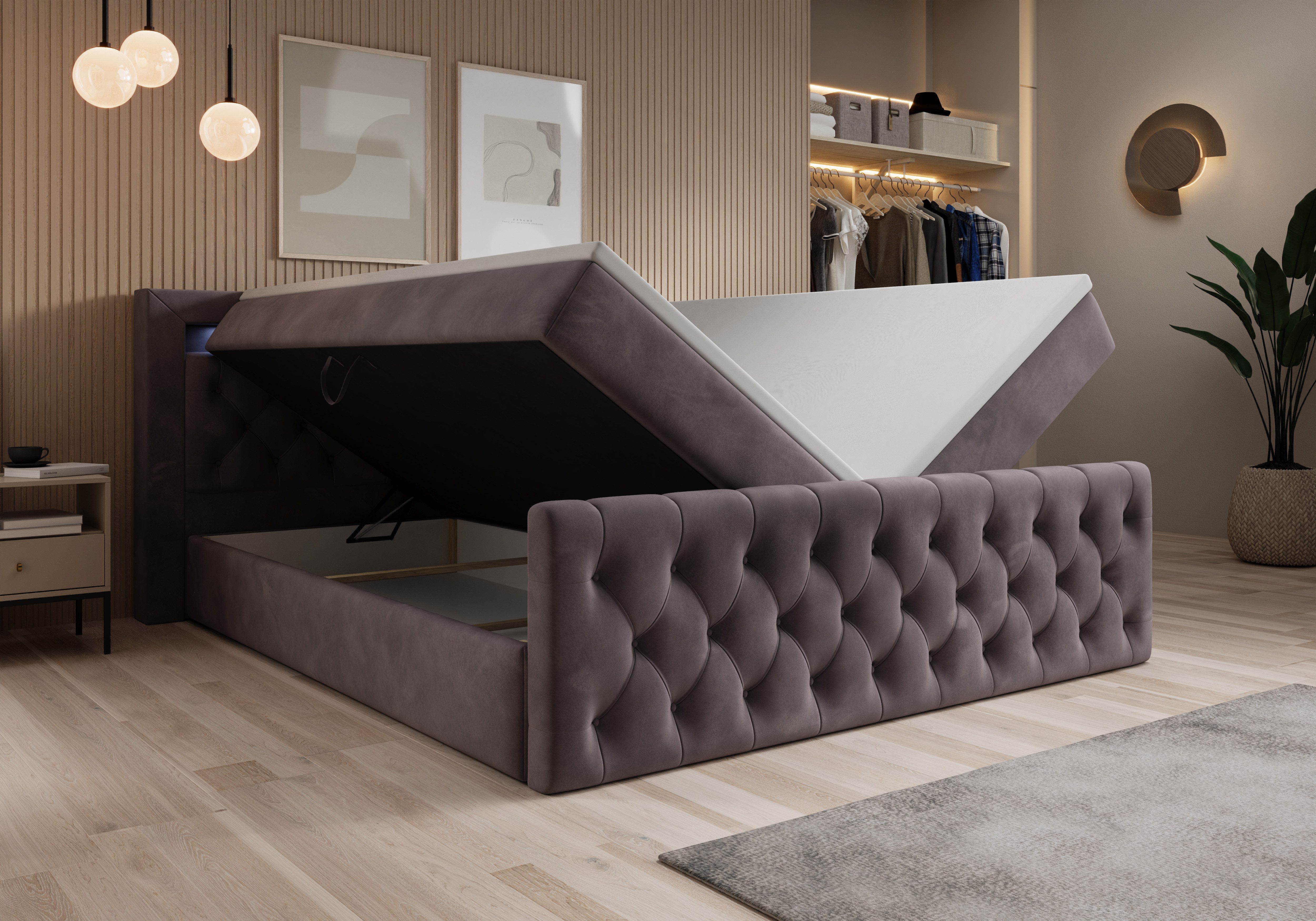 thematys Boxbett LED mit Bettkasten 140x200–200x200 cm – Velours oder Bouclé Bezug – (Polsterbett Bonnellfederkern Matratze H3 + Gratis 3cm Topper, Boxbett - Lu – Bild 2 von 5