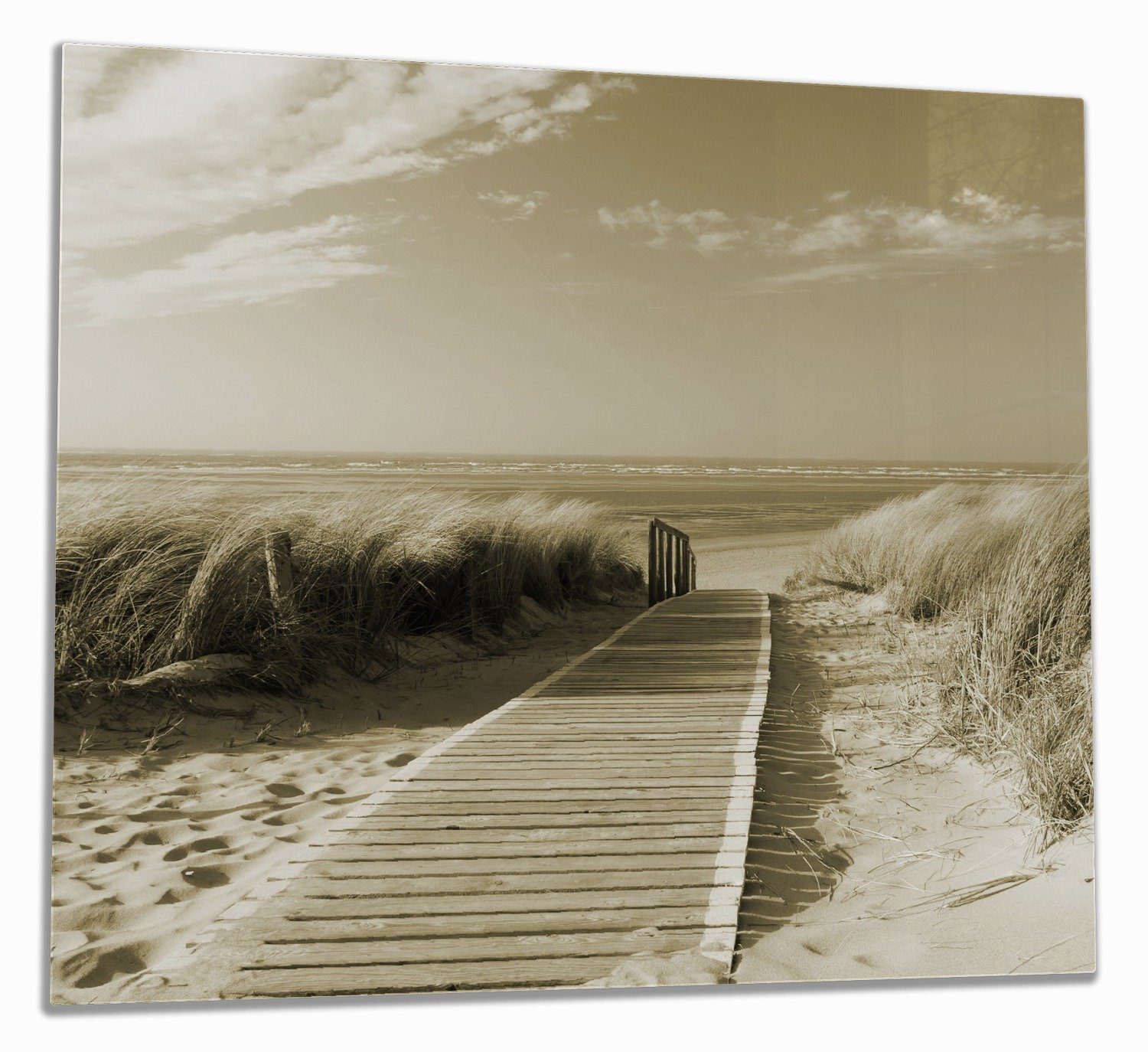 Wallario Herd-Abdeckplatte Auf dem Holzweg zum Strand in Sepiafarben, ESG-Sicherheitsglas, (Glasplatte, 1 tlg., inkl. 5mm Noppen), verschiedene Größen