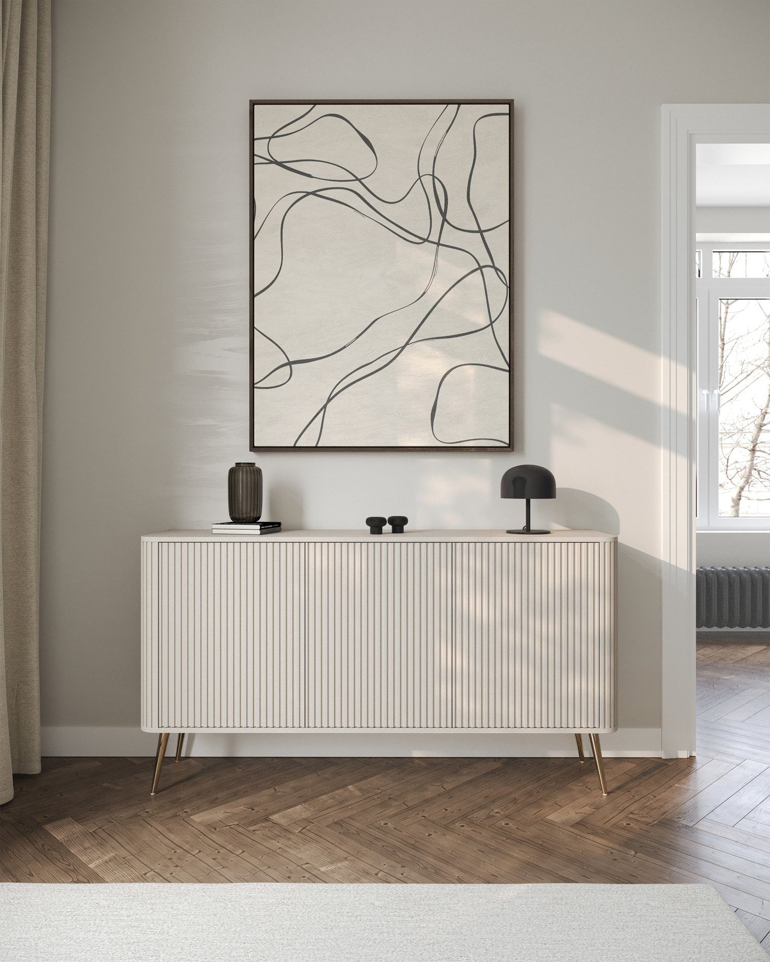 Selsey Sideboard OVARLO, 3-türig mit 6 Fächern, geriffelten Fronten und Metallbeinen