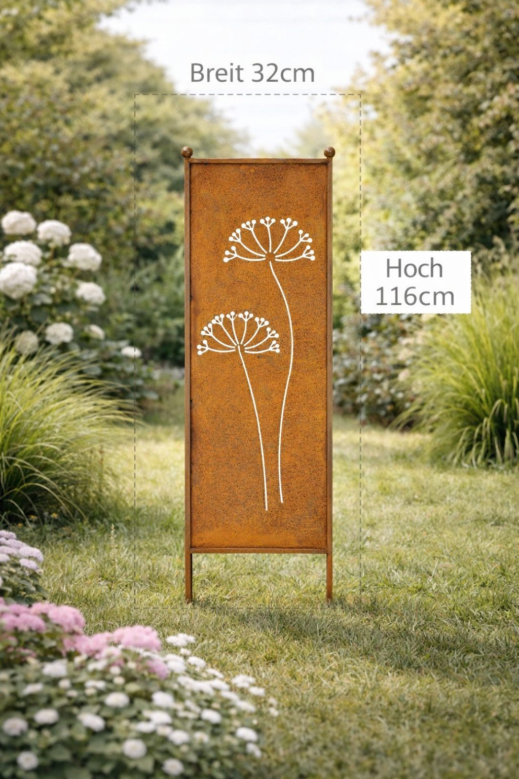finehomegarden Gartenstecker Stele Metall Dolde Sichtschutz Edelrost (1-St) Windschutz Outdoor H116cm B32cm Dekowand Garten / Paket – Bild 2 von 3