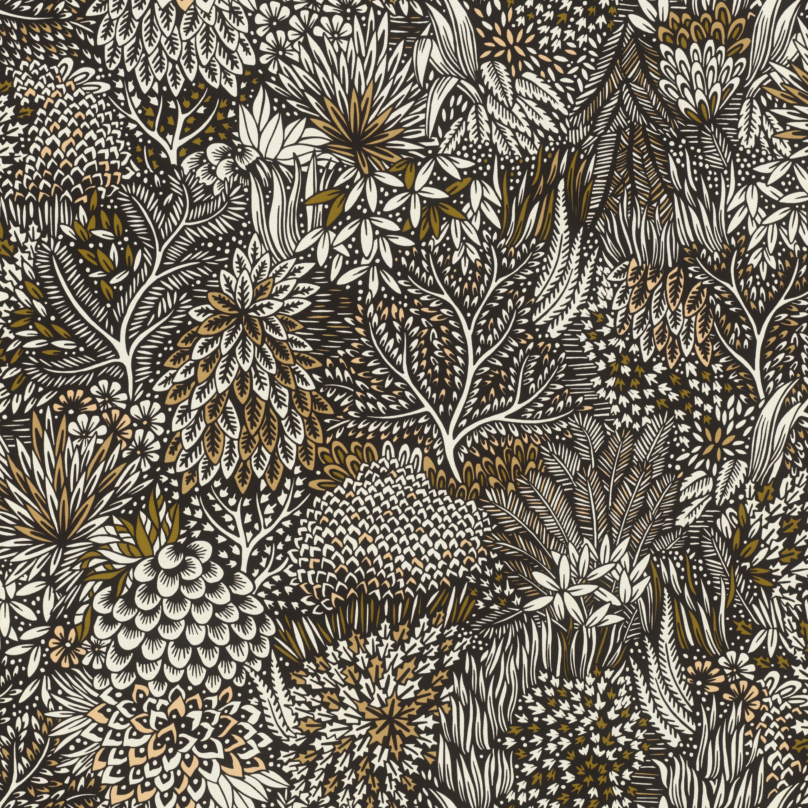 Rasch Vliestapete Blumen & Blätter - Vinyltapete Weiß Schwarz Braun, floral, (1 Rolle, 1 St., 10,05 m x 0,53 m), Lichtbeständige Farben - Feucht abwischbar - Restlost abziehbar