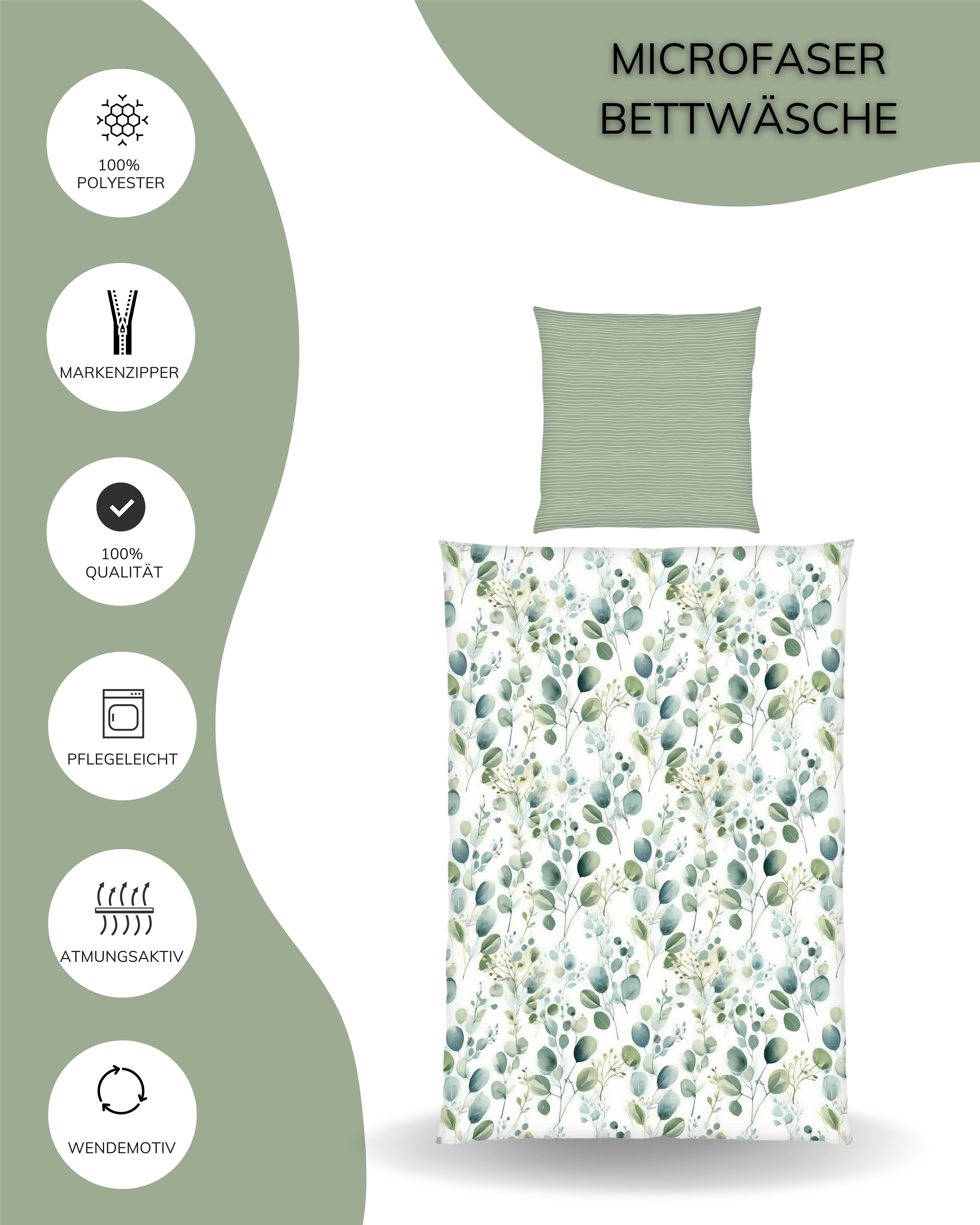MTOnlinehandel Wendebettwäsche Eukalyptus Dusty Green in zwei Größen • Blätter • Blumen, Microfaser, 2 teilig, sanft und weich • Aquarell-Optik • Partnerbettwäs – Bild 5 von 5
