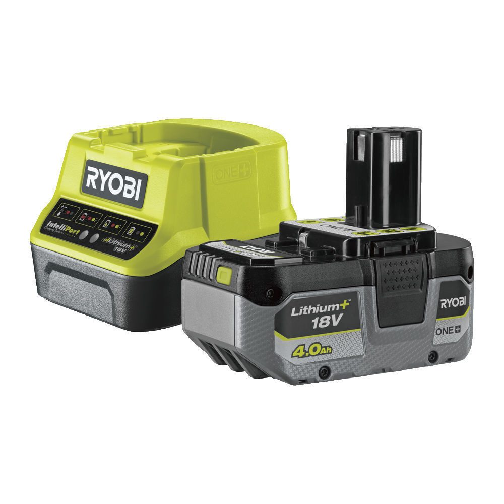 RYOBI Akku und Ladegerät Starterset 18V Schnellladegerät 4Ah original ONE+ N Akku Starter-Set Li-Ion Akku (2 St)