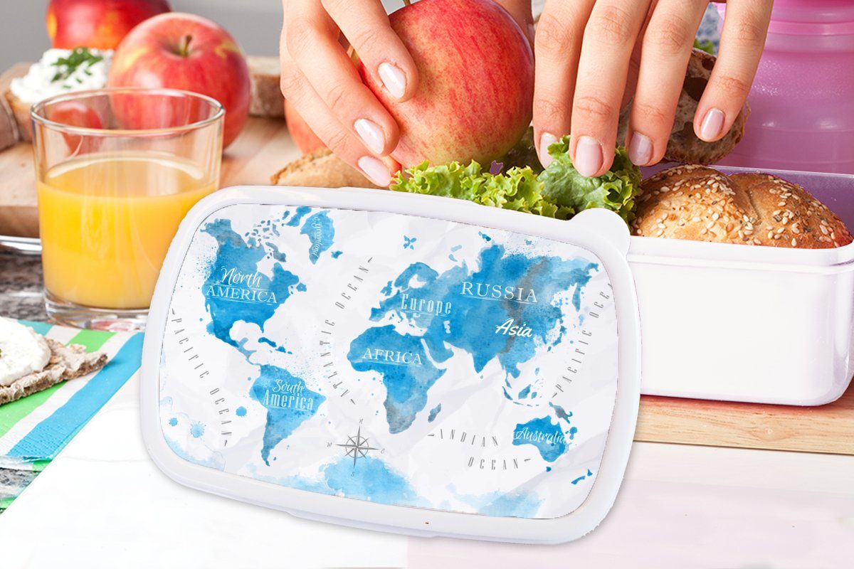 Lunchbox und weiß Kinder für für und Kunststoff, (2-tlg), Weltkarten - MuchoWow Brotdose, Jungs Brotbox Erwachsene, Mädchen Ölfarben,