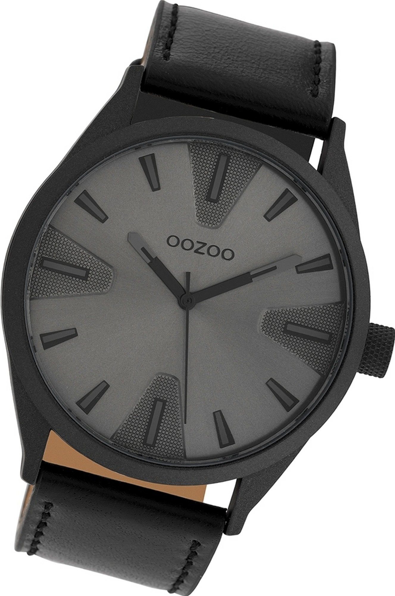 OOZOO Quarzuhr Oozoo Leder Herren Uhr C10024 Analog, Herrenuhr Lederarmband schwarz, rundes Gehäuse, groß (ca. 45mm)