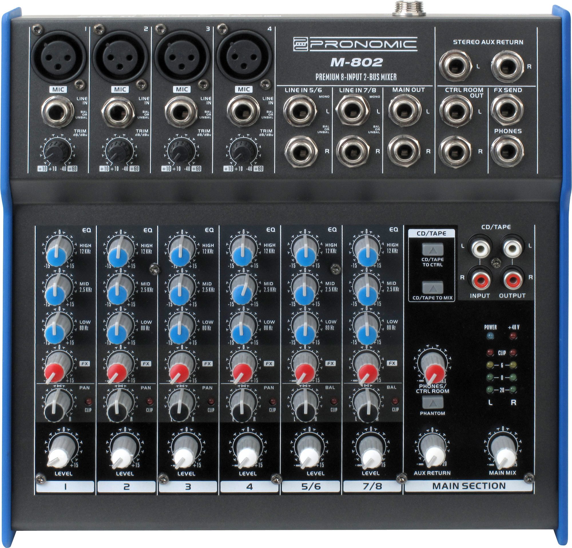 Pronomic Mischpult M-802 8-Kanal-Mischpult, mit 4 Mono-Kanäle XLR/Klinke, 2-Stereo Kanäle, 3-Band-EQ