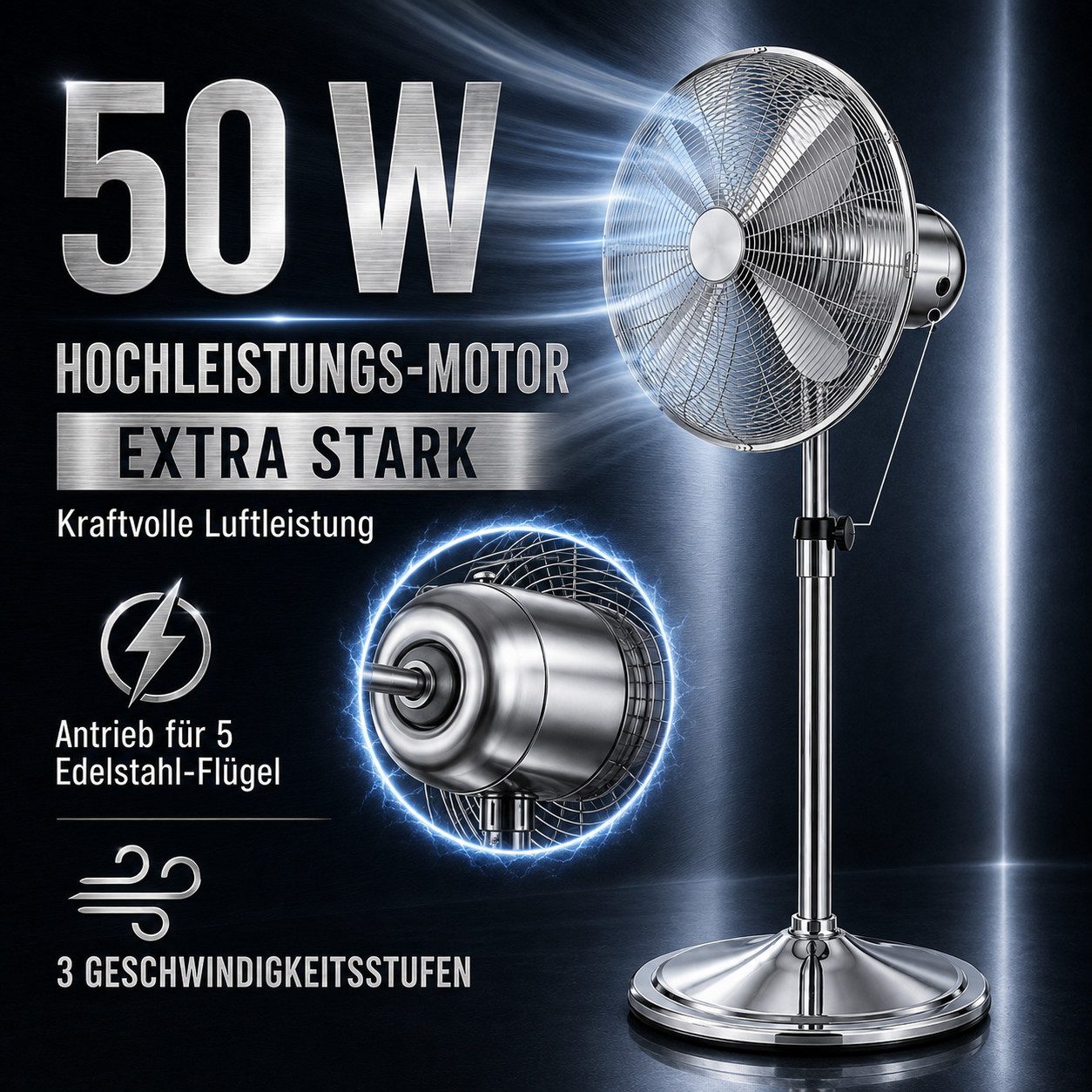 Ertex Standventilator EDELSTAHL Stand Ventilator 50W Metro 120cm Höhe Turmventilator Kühler