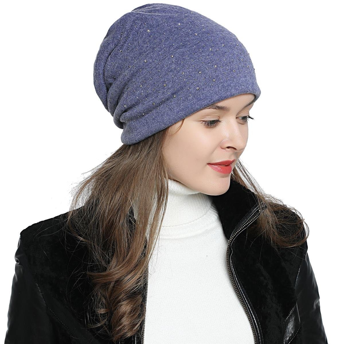 DonDon Beanie Damen Slouch Nieten (Packung, 1-St) Wintermütze, Beanie mit Pailletten und Teddyfleece blau