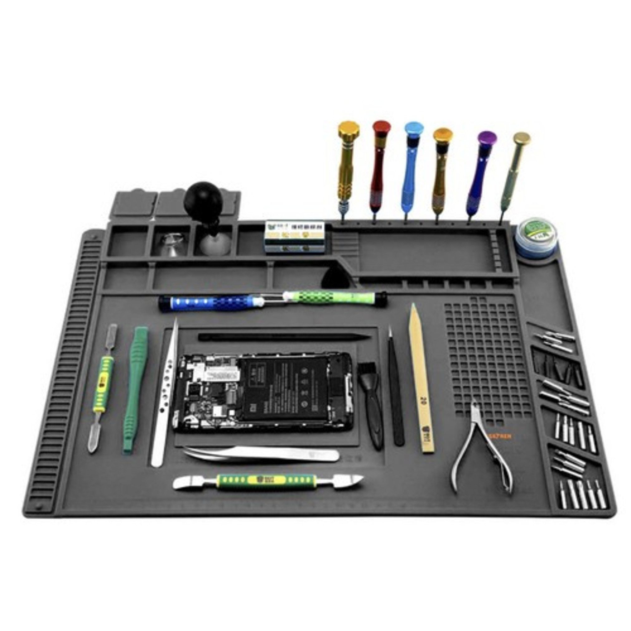 BIGSTREN Werkzeughalter Löttmatte aus Silikon mit Magnettaschen hitzebeständig & rutschfest, Werkstattmatte für Elektronik, Reparatur- und Lötarbeiten, hitzebeständig, Silikon-Servicematte mit Magnettaschen, Messlinien und Ablagefächern, Hitzebeständig bis 500 °C, 4 Magnettaschen, Messskala in cm und Zoll