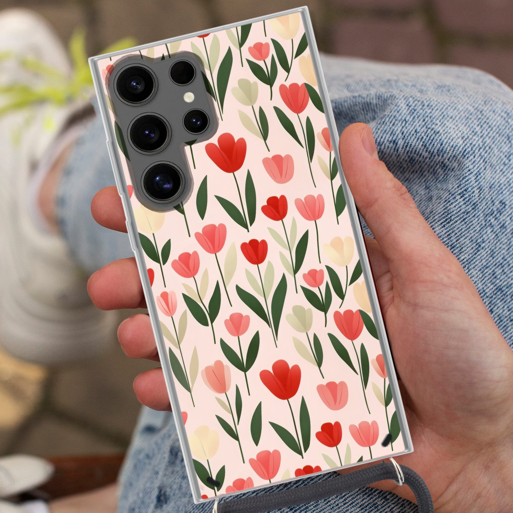 MuchoWow Handyhülle für Samsung Galaxy S24 Ultra Tulpen - Modern - Rosa, Tragbare Handyhüllen mit Kette zum umhängen, Handykette Handyband