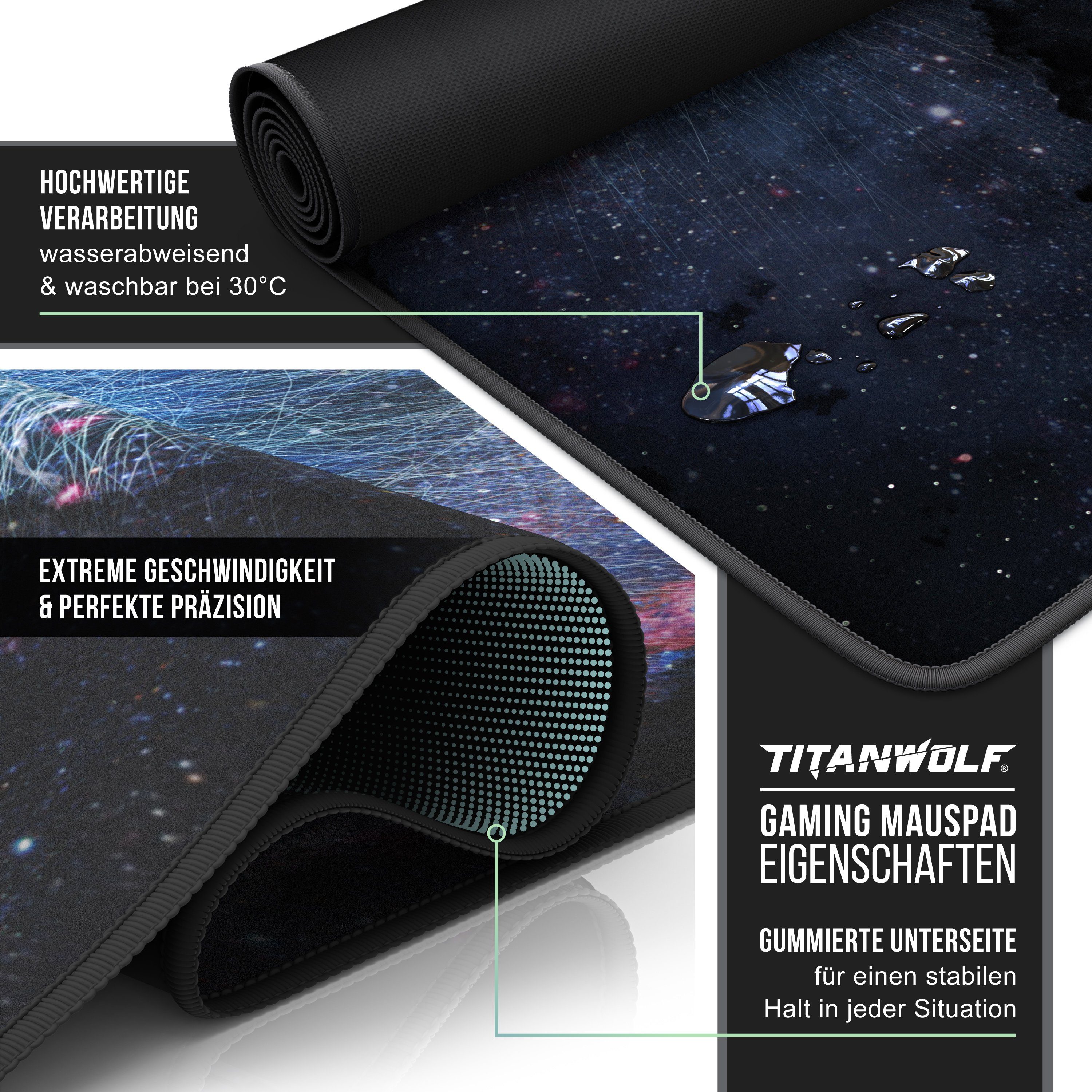 Titanwolf Gaming Mauspad XXL Speed Mousepad 900 x 400 x 3 mm, große Tischunterlage (1-St), rutschfest, abwaschbar, Geschwindigkeit & Präzision, Galaxy Eye – Bild 3 von 5
