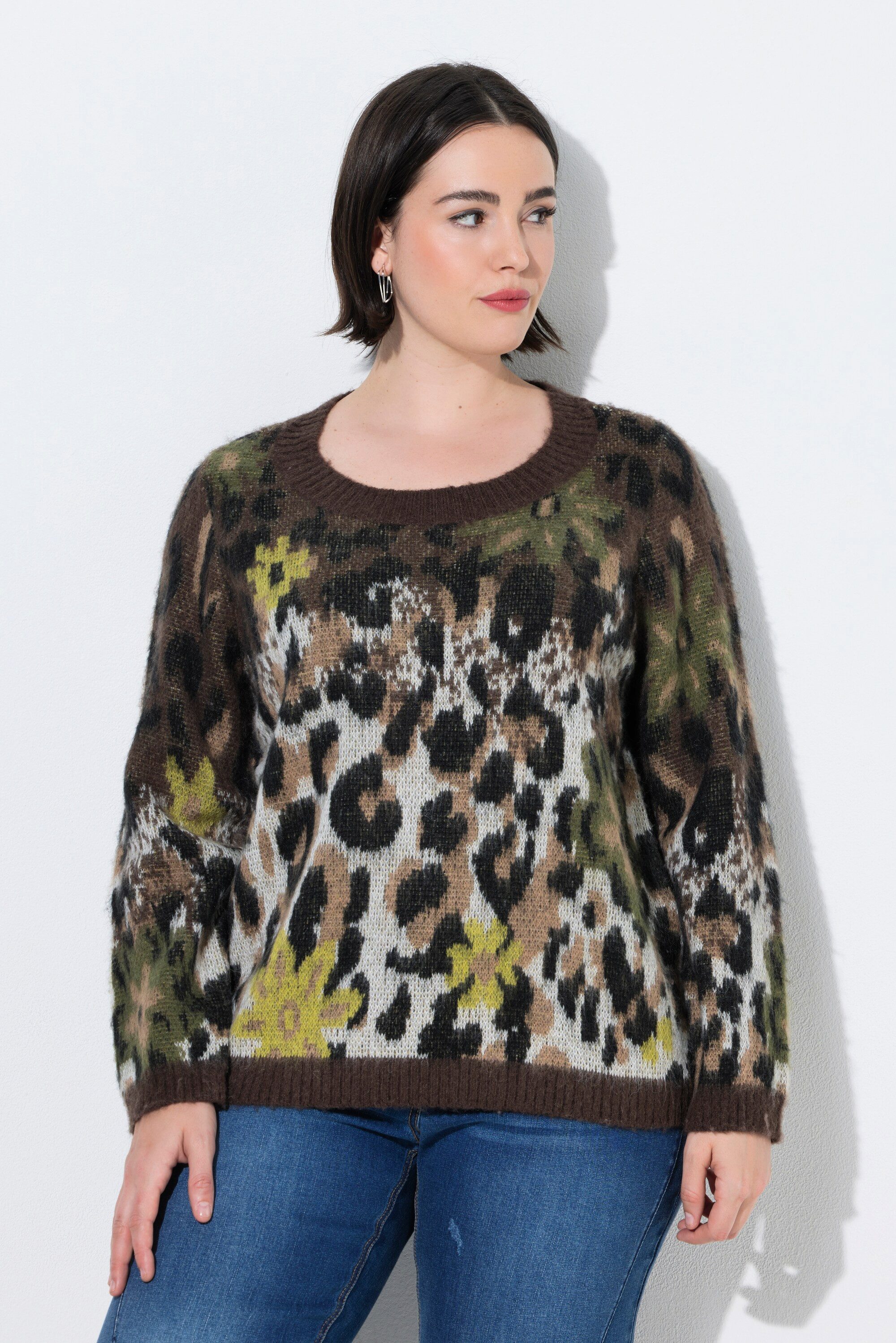 Ulla Popken Strickpullover Pullover Leomuster Blüten Rundhals Langarm