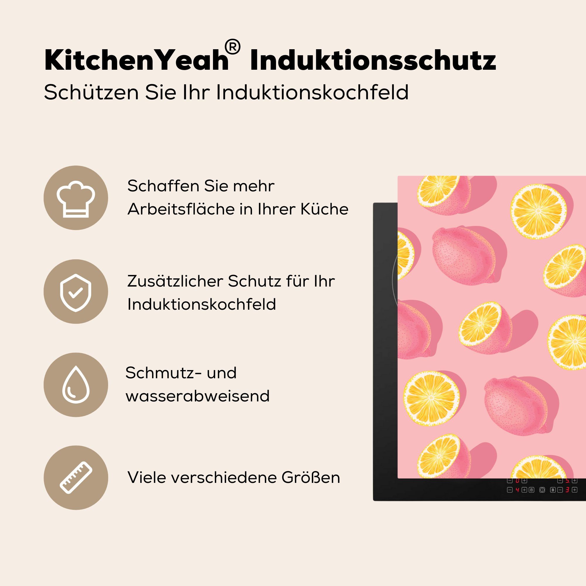 MuchoWow Herdblende-/Abdeckplatte Sommer - Zitrone (1 Rosa - - küche, für Ceranfeldabdeckung Schutz Vinyl, Gelb, tlg), Induktionskochfeld 81x52 cm, die
