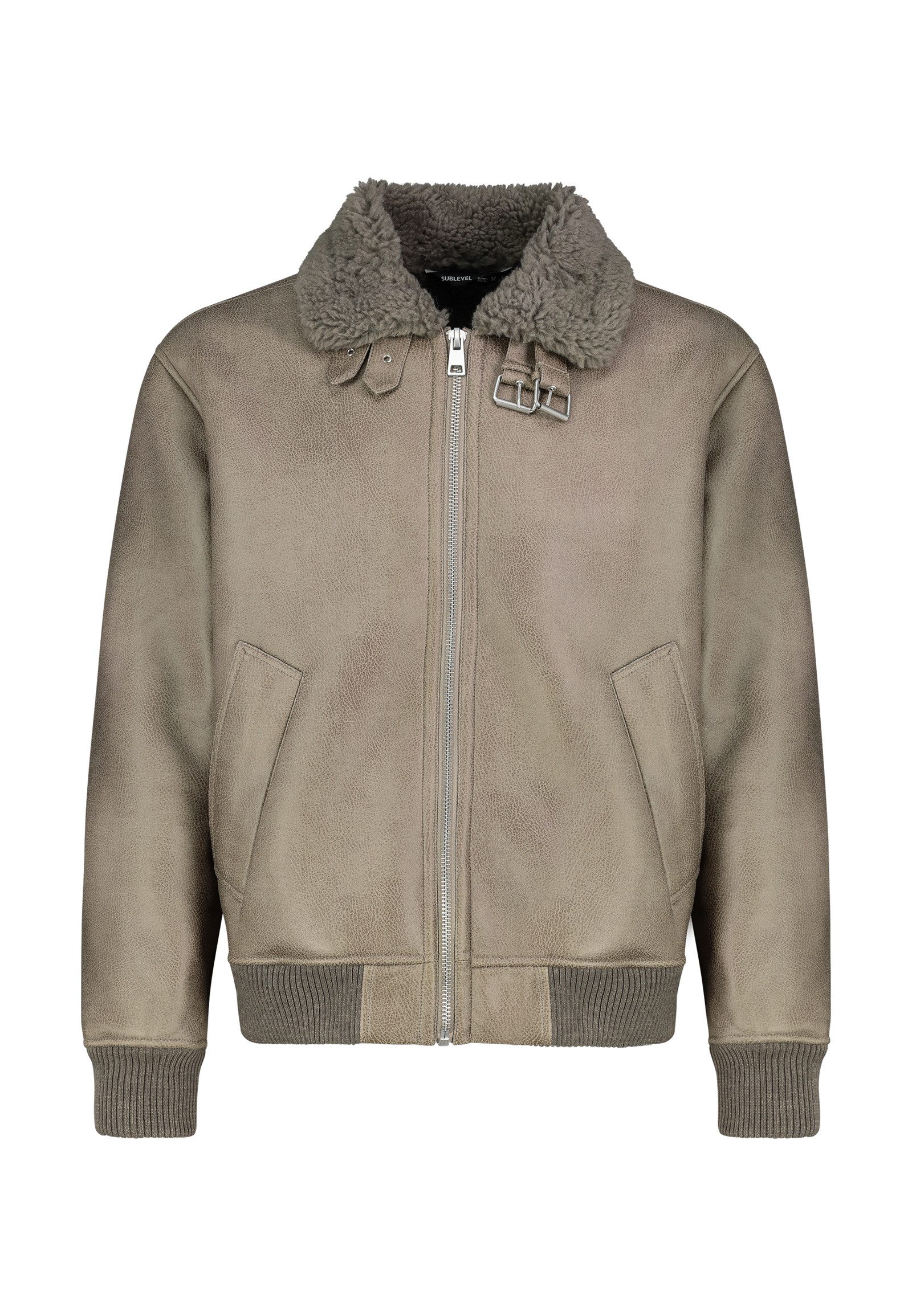 SUBLEVEL Winterjacke Herren Jacke aus Kunstleder mit Kunstfelleinsatz Kunstfellfutter und -kragen mit Schnallen