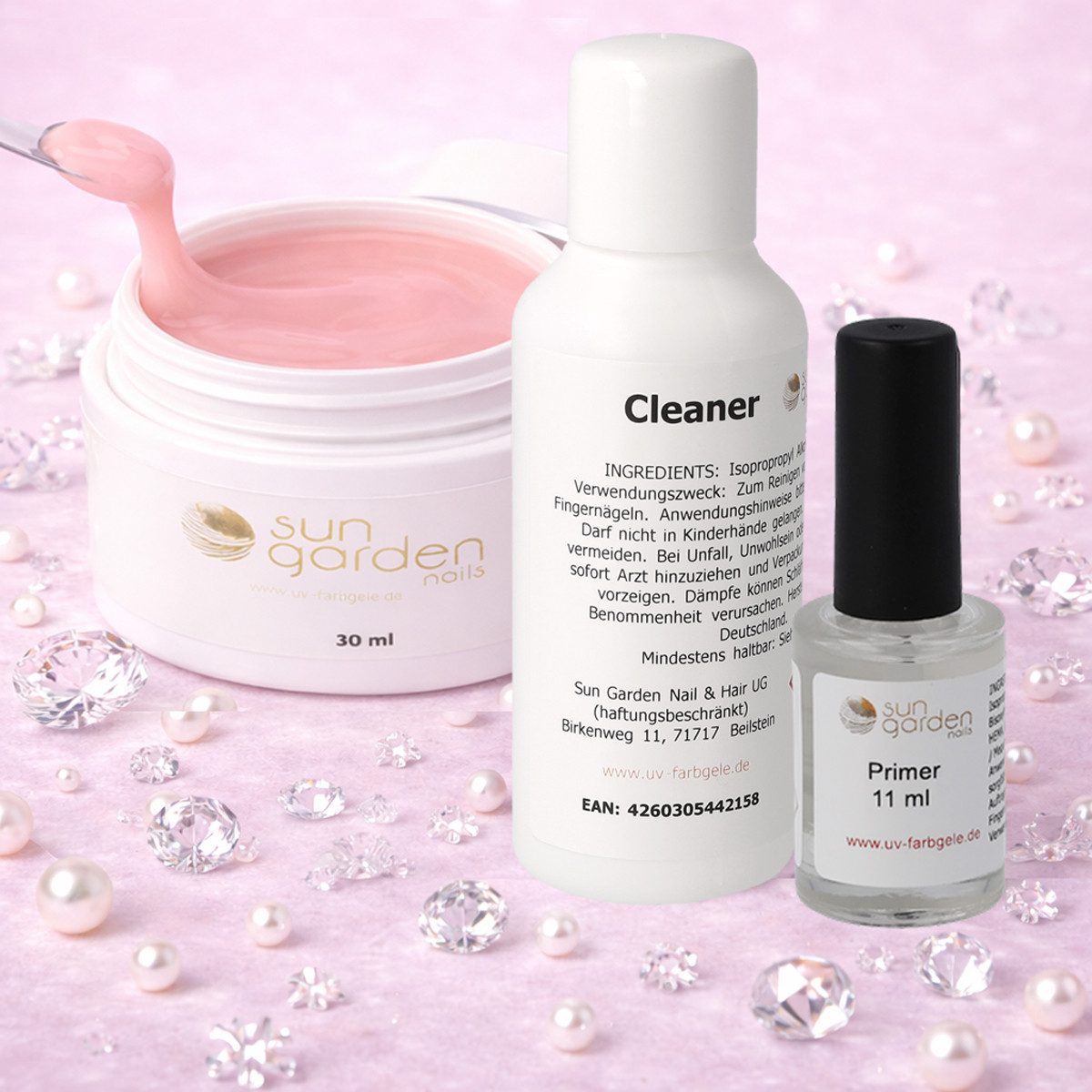 Sun Garden Nails UV-Gel Nailset mit Aufbaugel Milky Pink 30ml-Primer-Cleaner 100ml, 3-tlg., milchig rose farbiges Gel deckt perfekt alle Unebenheiten ab