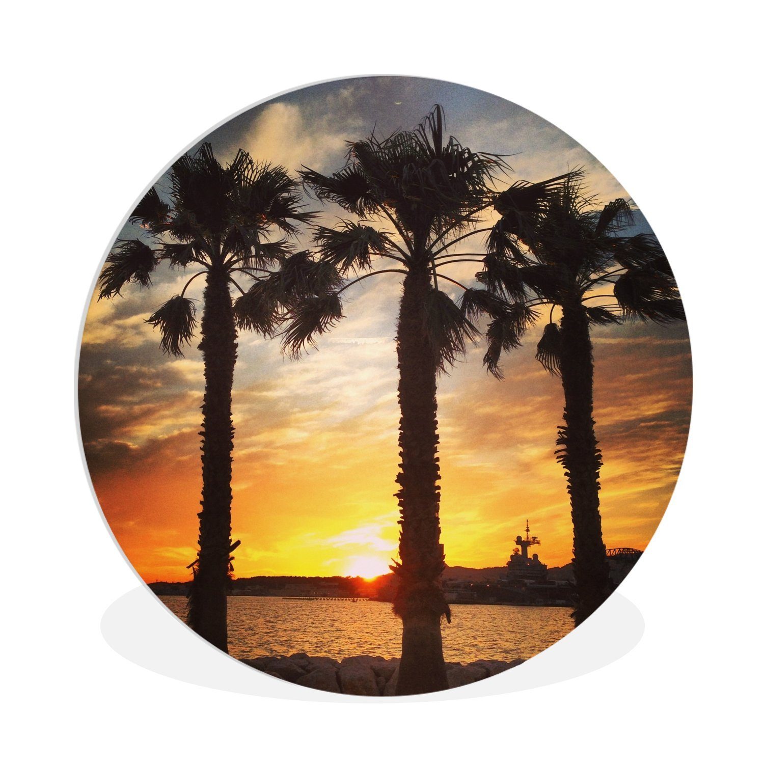 MuchoWow Gemälde Sonnenuntergang in Toulon entlang der Palmen in Frankreich, (1 St), Kreis Wanddekoration Forex, Rundes Wandbild, Wohnzimmer, 30x30 cm