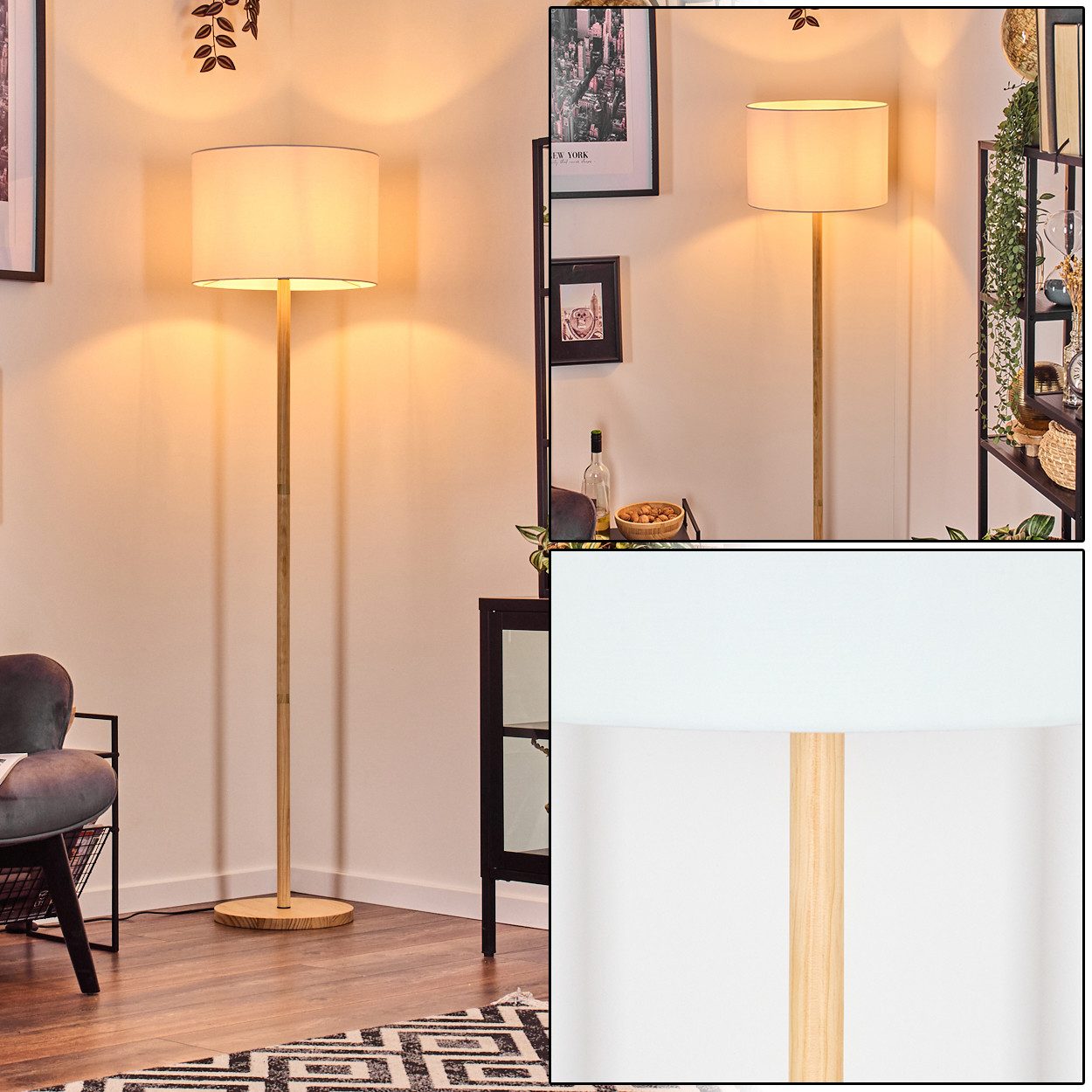 Stehlampe Stehlampe mit Holzfuß und Schirm aus Stoff