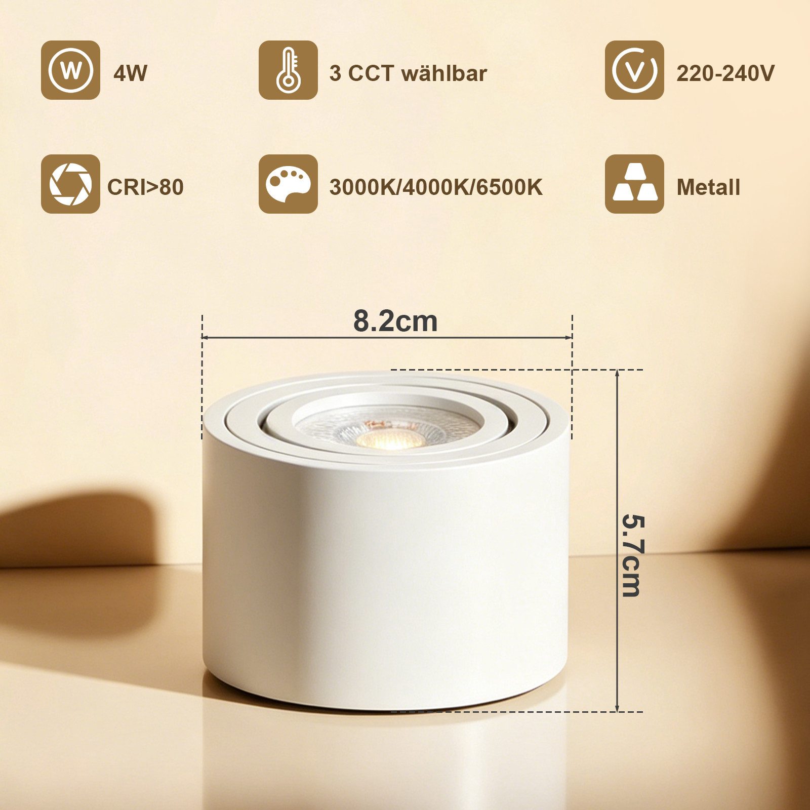 ZMH LED Einbaustrahler 4er-Set weiß 4W dimmbar schwenkbar Aufbauspot 3CCT Deckenspots, Schwenkbar, LED fest integriert, Aufputz-Deckenleuchte