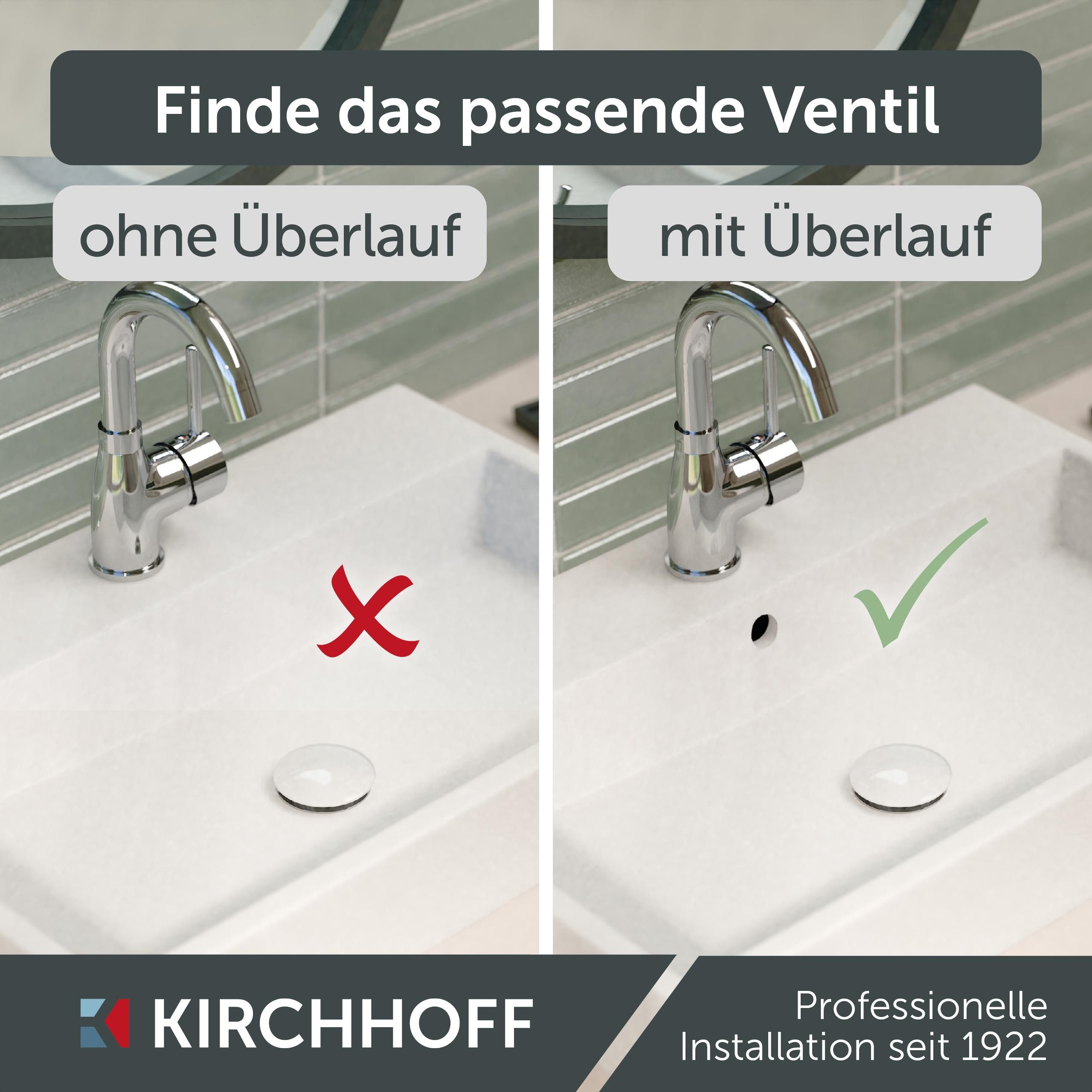 Kirchhoff Ablaufventil Design-Ablaufventil mit Überlauf, Ablauf Senkrecht, [1 1/4", Packung, Ablaufventil für Waschbecken & Waschtisch, Pop Up Ventil, Push-Open