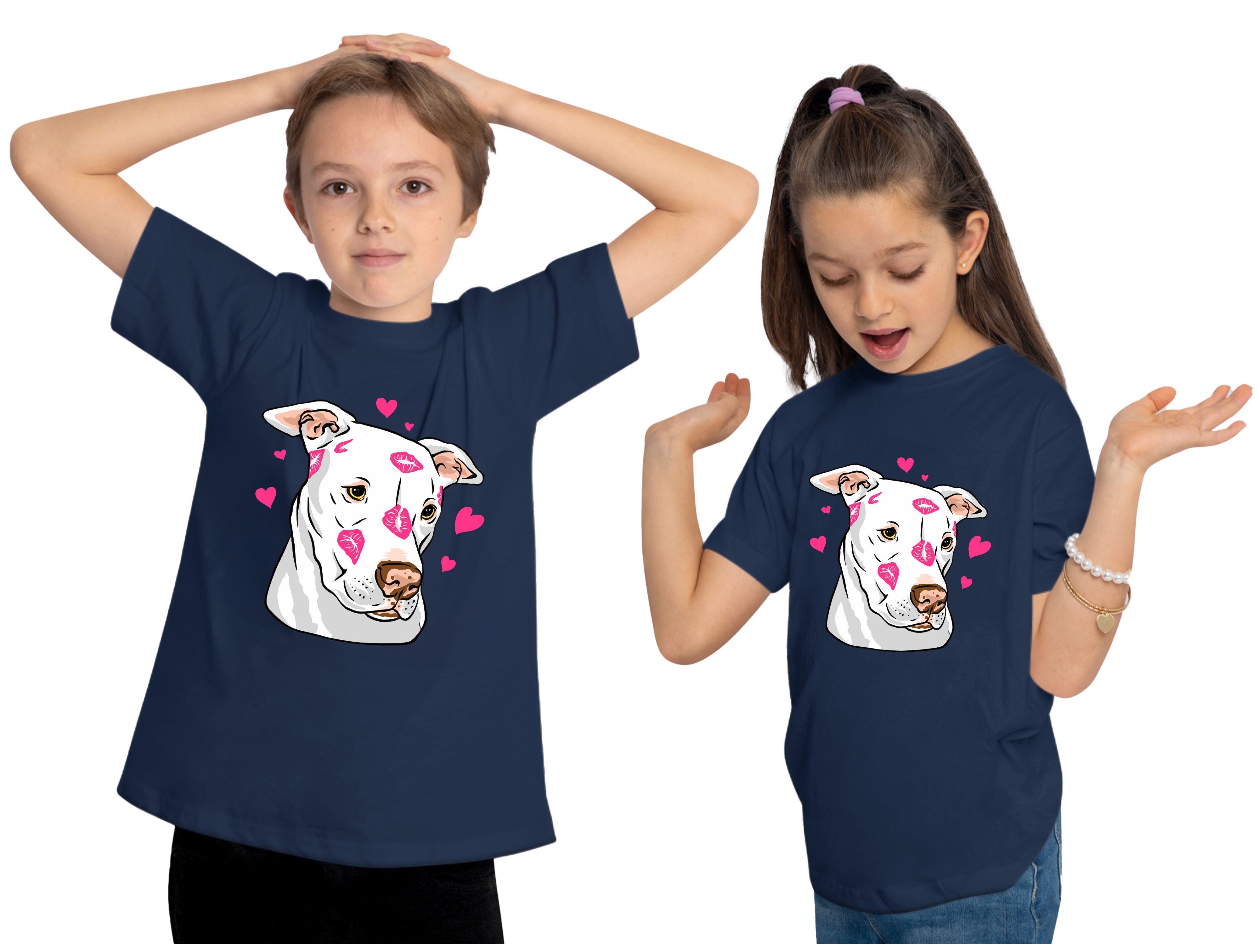MyDesign24 Print-Shirt bedrucktes Kinder Baumwollshirt Pitbull i229 T-Shirt Aufdruck, Hunde Herzen mit navy mit blau 