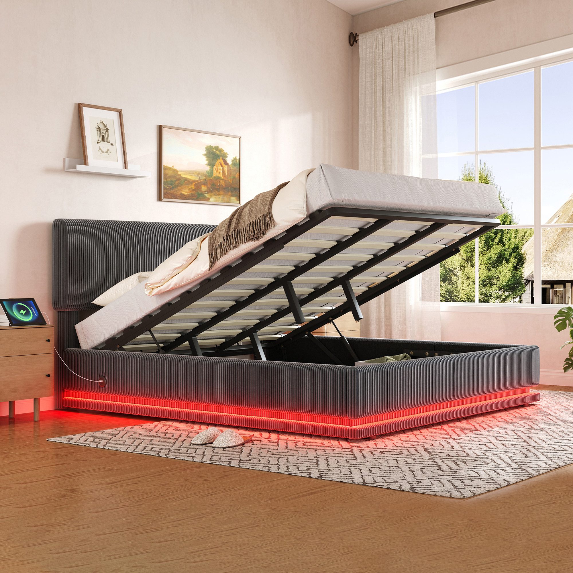 TavilaEcon Boxspringbett Moderne Polsterbetten mit LED-Beleuchtung und USB-C-Ladefunktion (1-St), mit höhenverstellbarem Kopfteil, Cord-Stoff, stabilem Lattenro – Bild 3 von 5