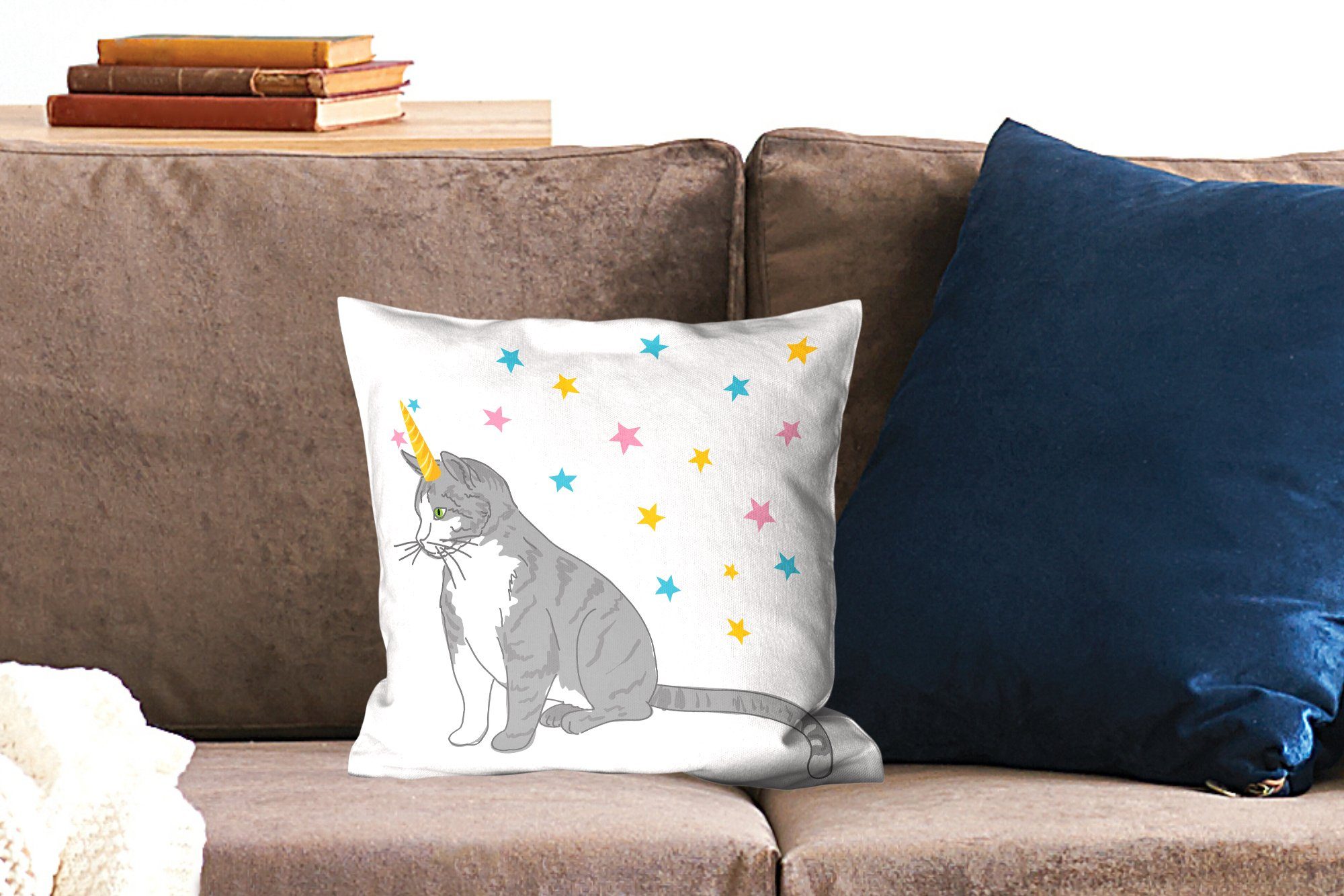 Illustration für Deko, Zierkissen Katze Kinder MuchoWow Einhorn, Wohzimmer, Dekokissen Sofakissen Füllung mit Schlafzimmer,