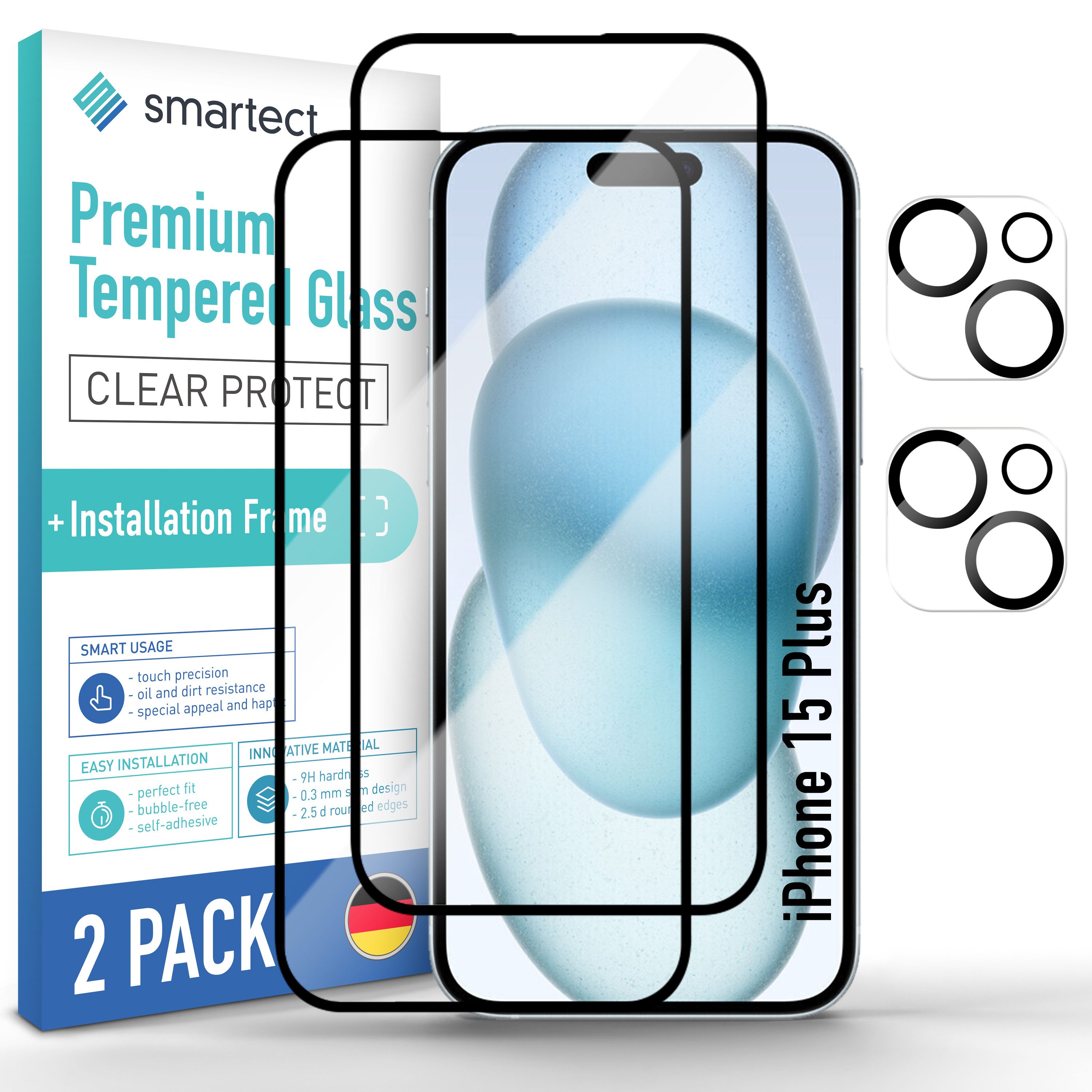 smartect Displayschutzglas Schutzglas Panzerfolie Full Screen für iPhone 15 Plus, Set, 2 Stück, (Display + Kamera) inkl. Anbringhilfe