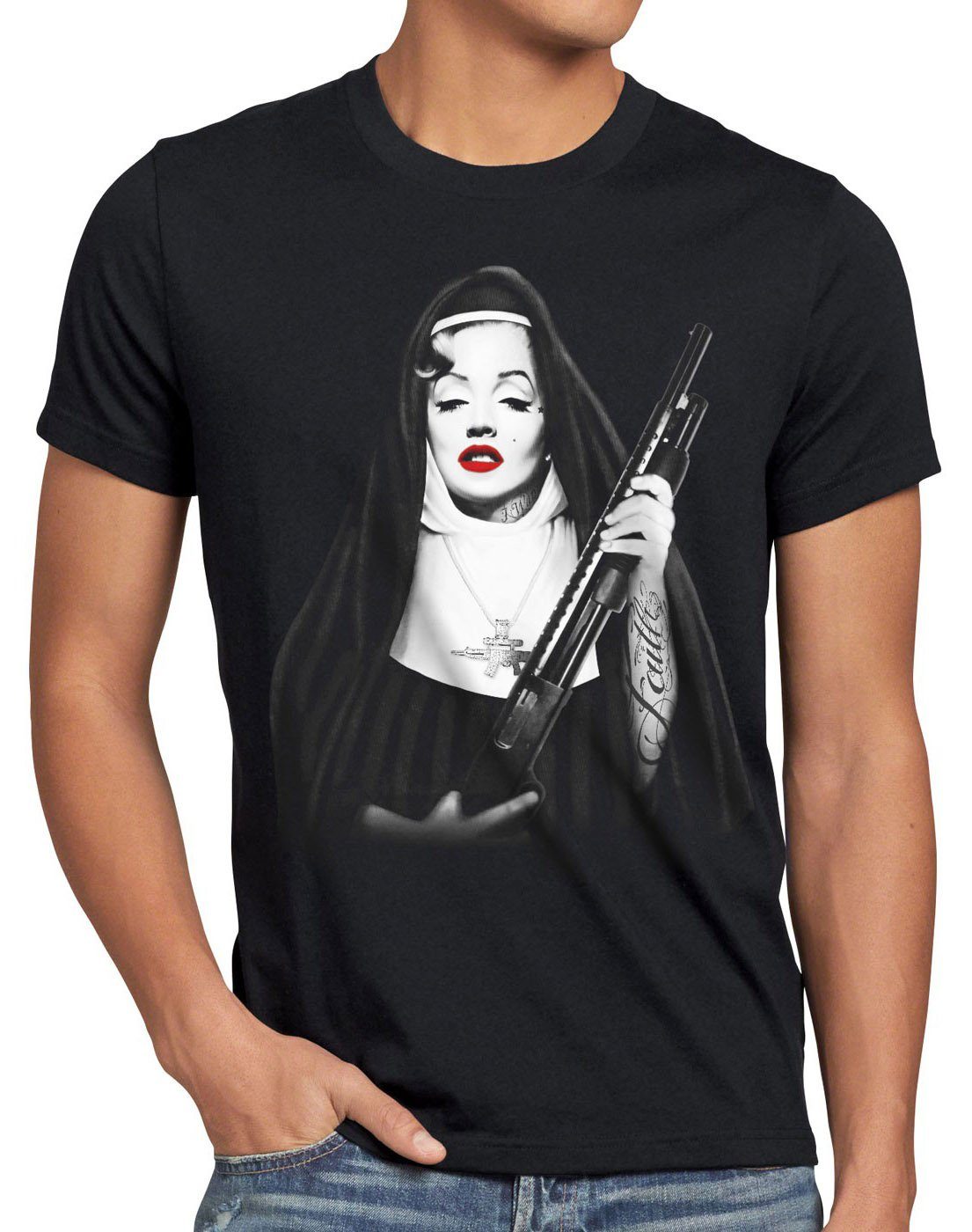 style3 Print-Shirt Herren T-Shirt Marilyn Gebetsschwester tattoo monroe rock nonne marylin shotgun schwarz