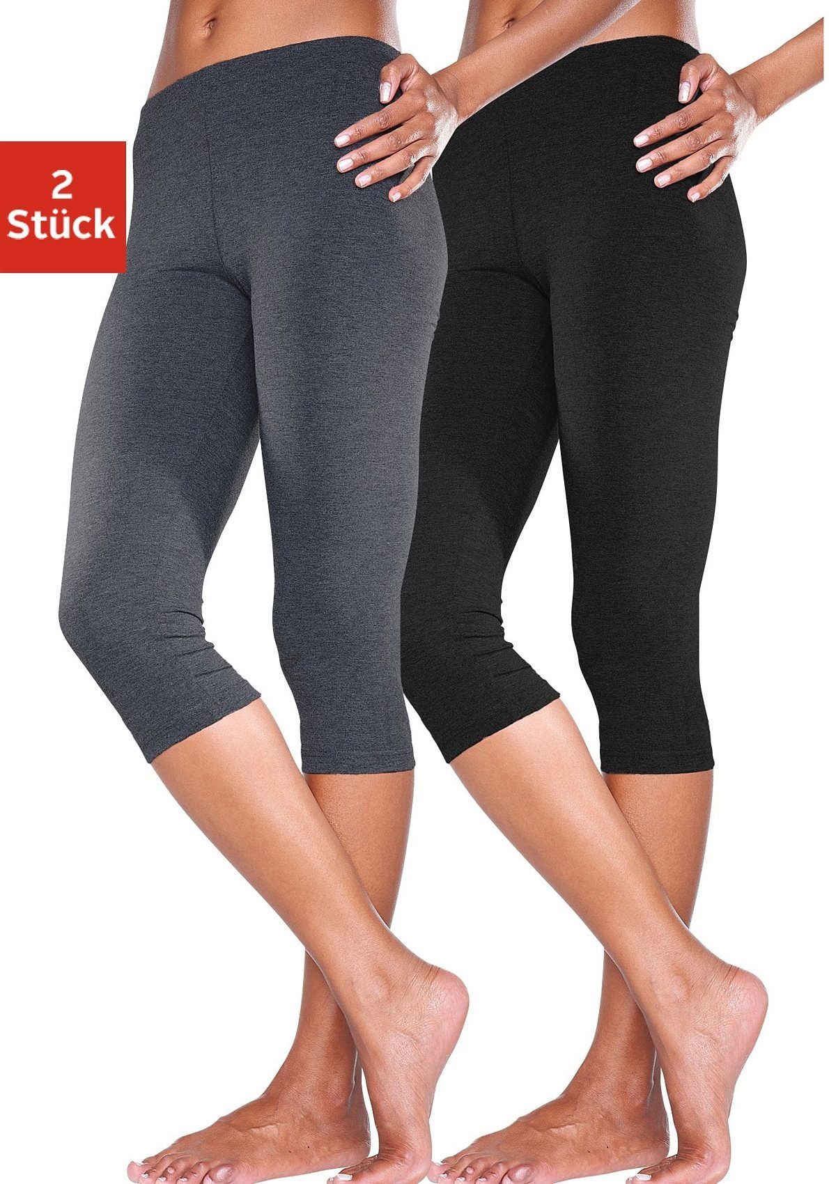 mit Gummibund, schwarz Loungewear anthrazit-meliert, active (2er-Pack) vivance Caprileggings