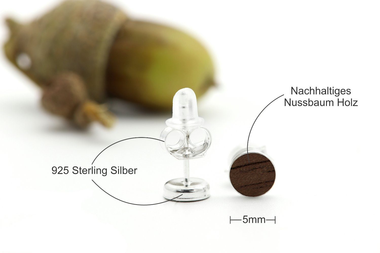 Ø NaturSchatulle Germany, Silber, Paar Ohrstecker Nussbaum in (Holzohrringe), Filigree HandMade Nachhaltig, 5mm, 925 Holz