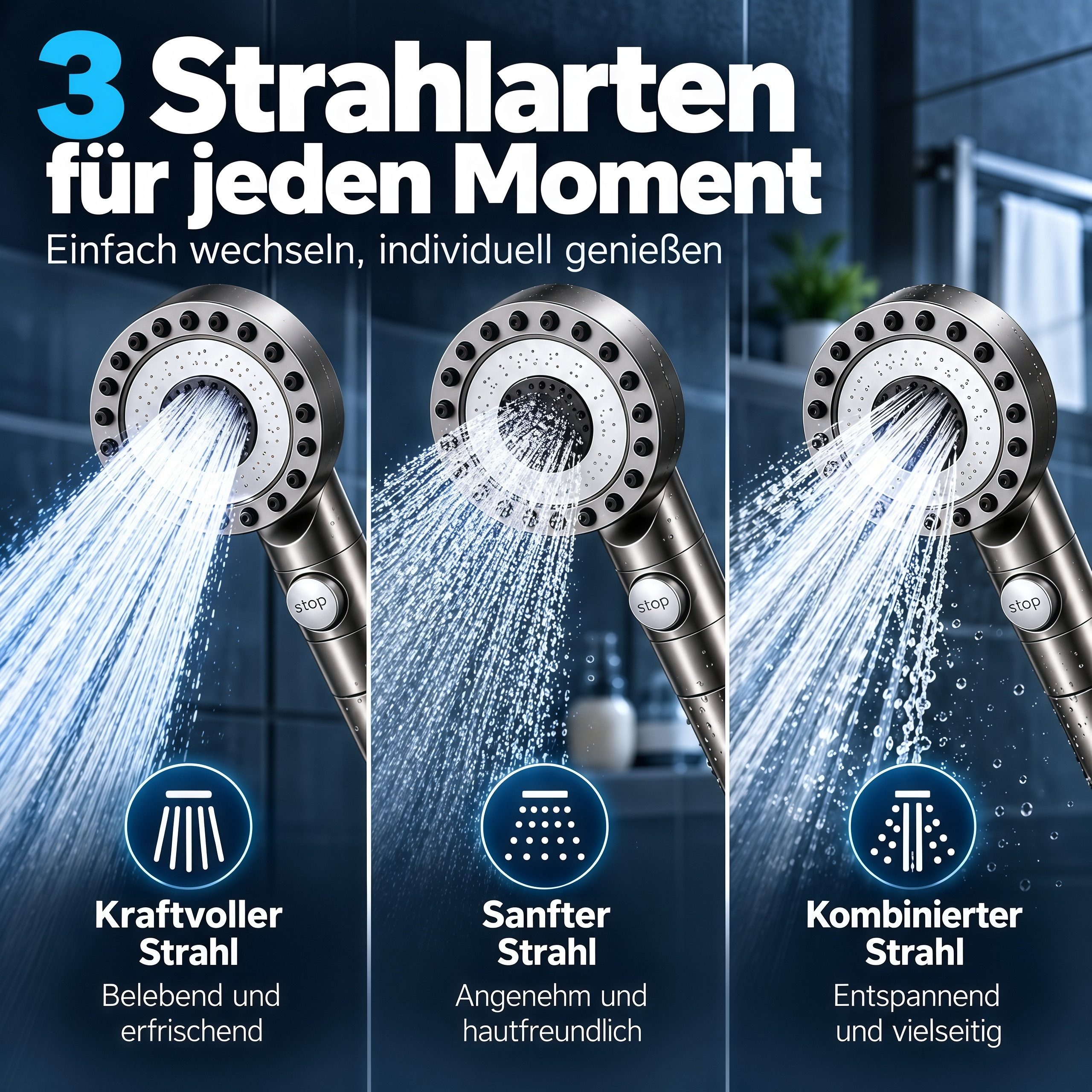 ibettertec Duschbrause Handbrause Duschkopf mit 15-stufigem Filter, (Hochdruck-Wassersparfunktion und Stopp-Taste, Handbrause mit, Anti-Kalk-Düsen zur), Reduzie – Bild 2 von 5