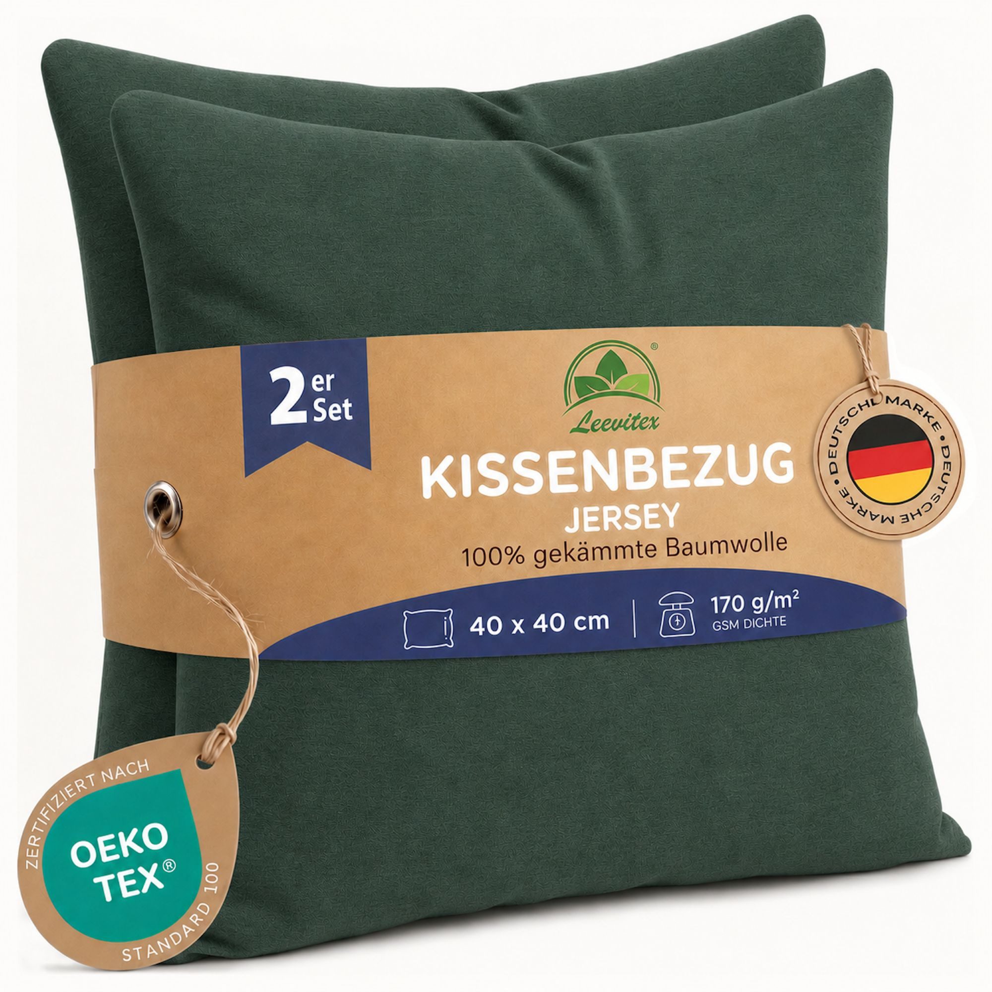 leevitex® Kissenbezüge 40 x 40 cm, 2er-Set, Dunkelgrün, (2 Stück), feine Jersey-Qualität, 100% Baumwolle, robuster Reißverschluss