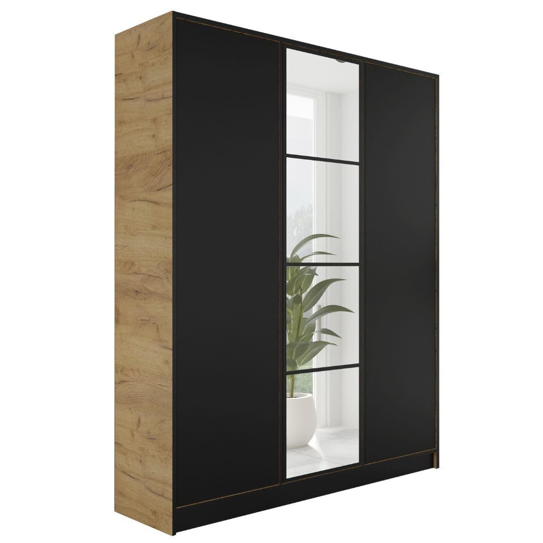 KIER FURNITURE Drehtürenschrank Kleiderschrank EDEN - 156.4 x 205 x 39 cm - Craft Eiche & Schwarz